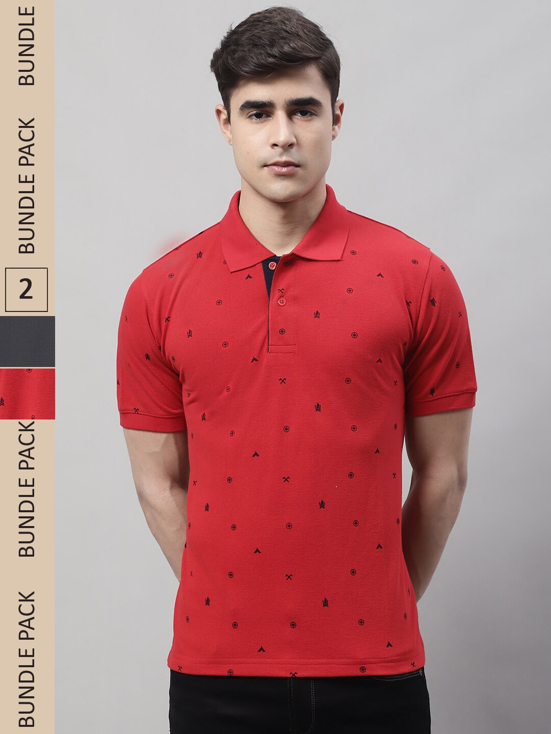 

Obaan Pack Of 2 Conversational Printed Polo Collar Cotton T-shirt, Red