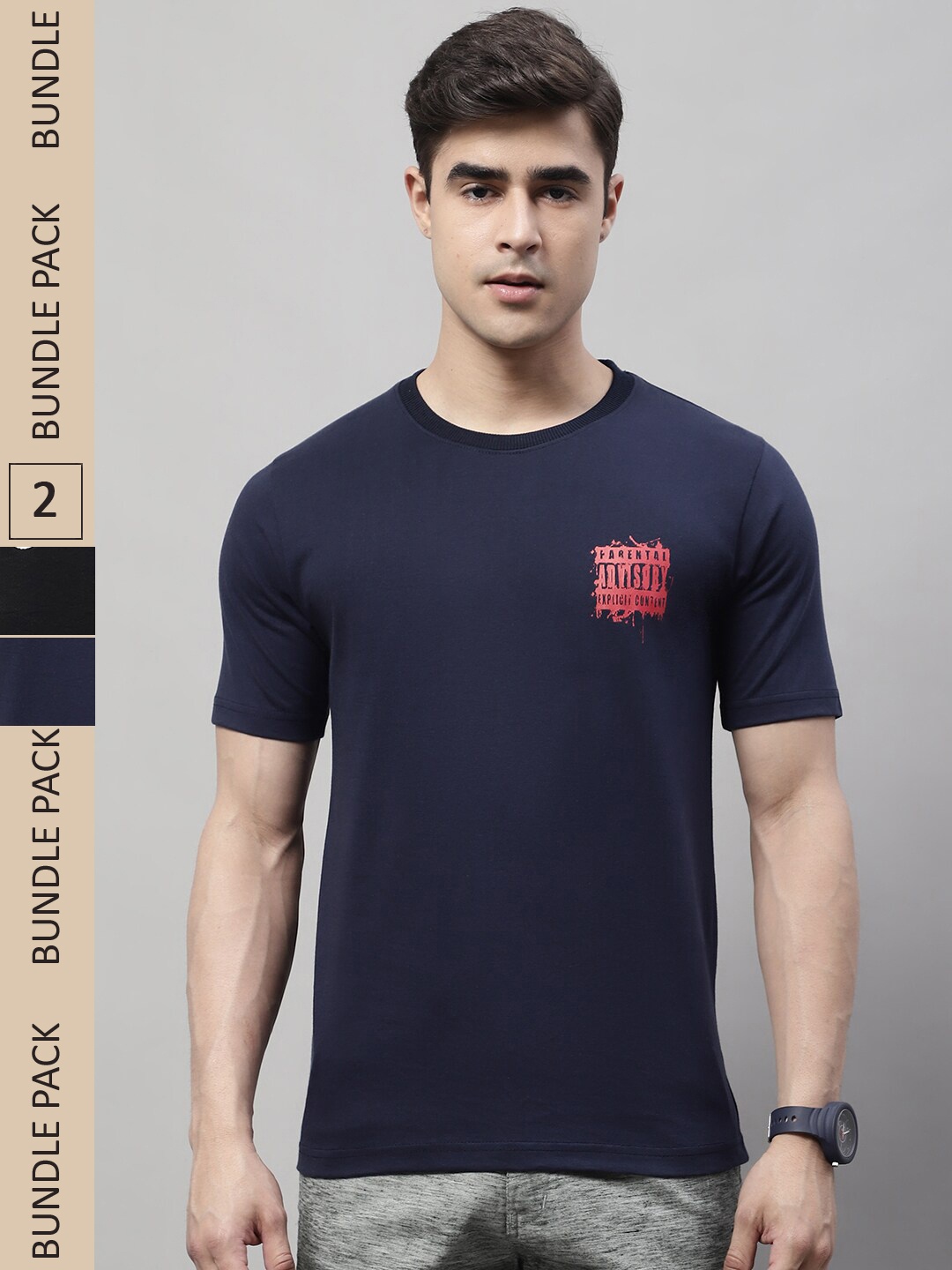 

Obaan Pack Of 2 Round Neck Typography Printed Regular Fit Cotton T-shirt, Black