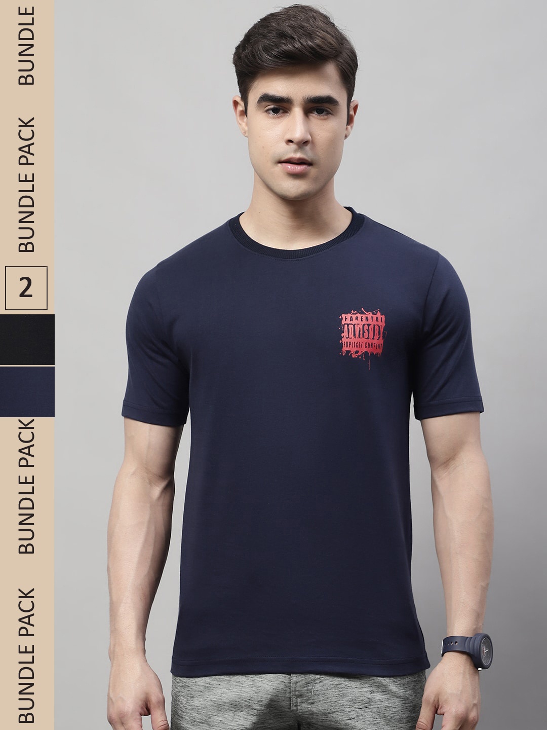 

Obaan Pack Of 2 Typography Printed T-shirt, Navy blue