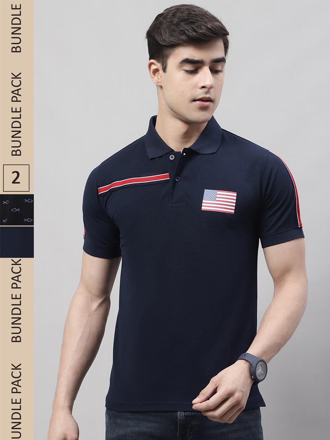 

Obaan Pack Of 2 Graphic Printed Polo Collar T-shirt, Navy blue