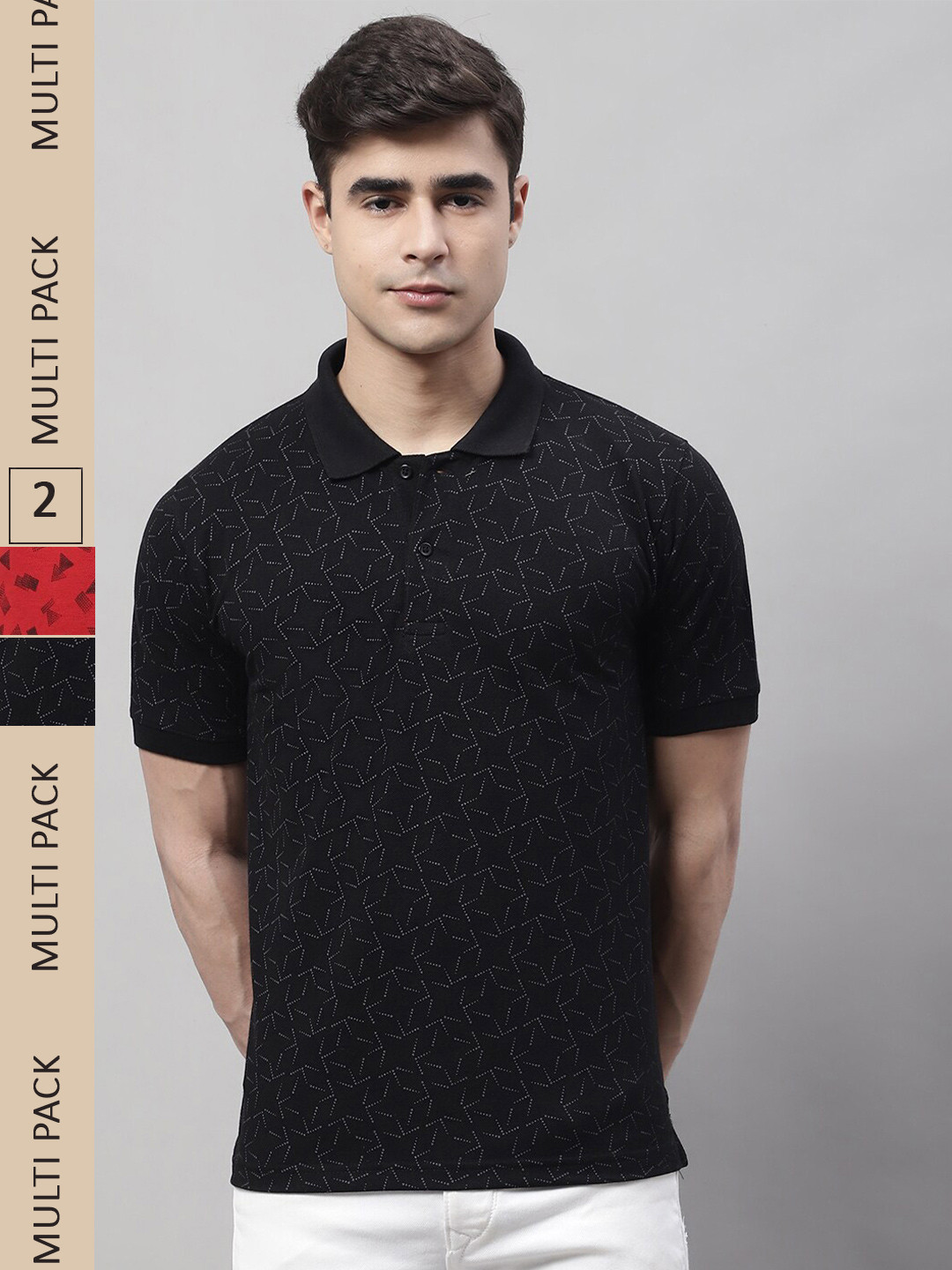 

Obaan Men Pack Of 2 Polo Collar Geometric Printed Cotton T-shirt, Black