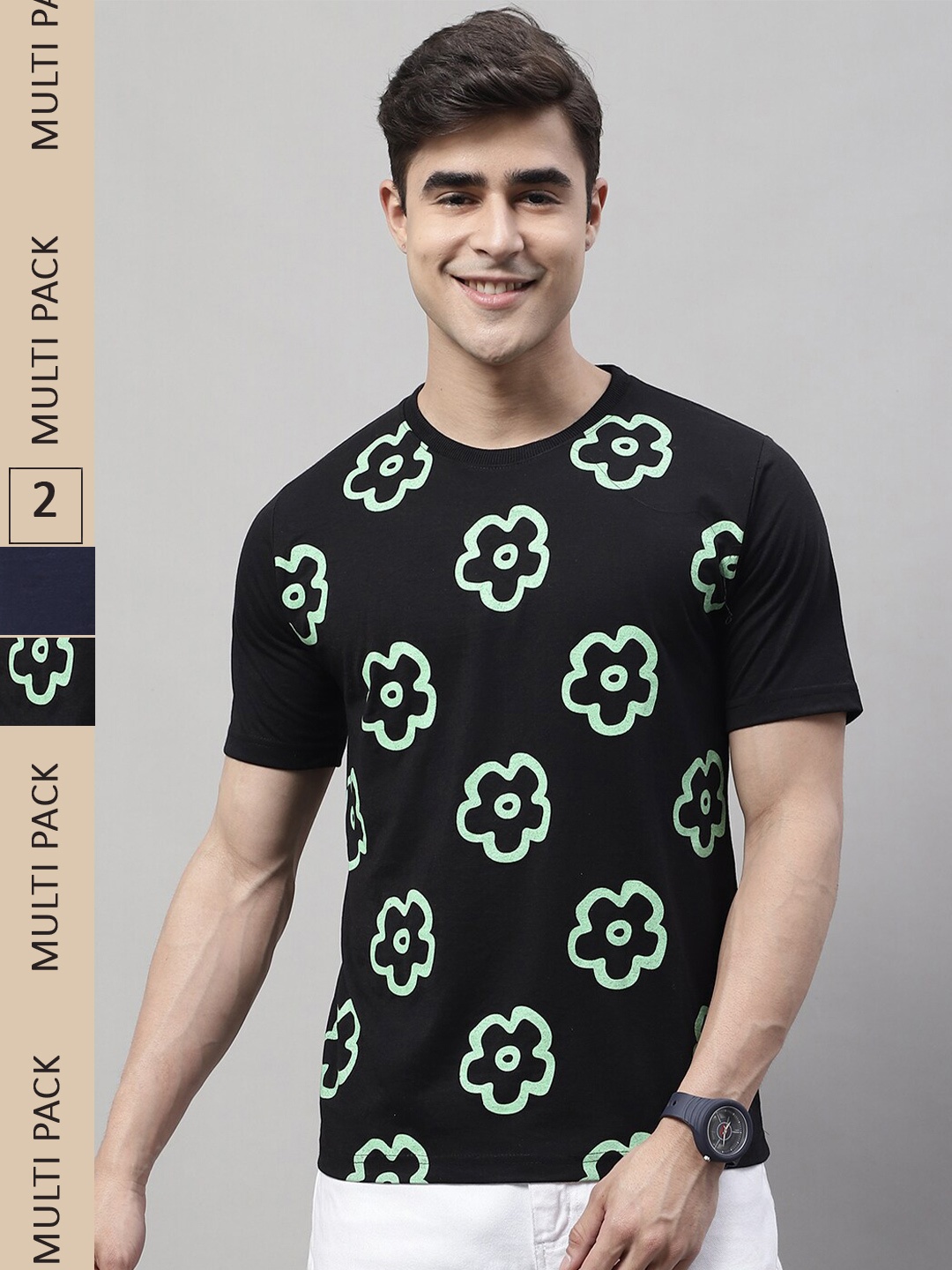 

Obaan Pack Of 2 Printed Floral Printed T-shirt, Black