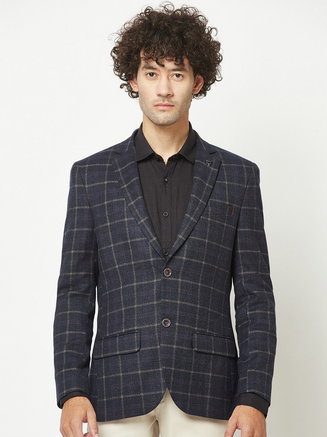

Crimsoune Club Checked Regular Fit Single-Breasted Formal Blazer, Navy blue