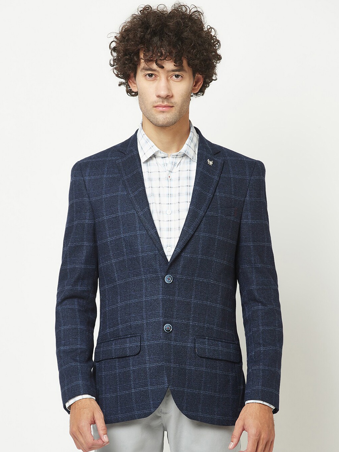 

Crimsoune Club Men Checked Single-Breasted Casual Blazer, Navy blue
