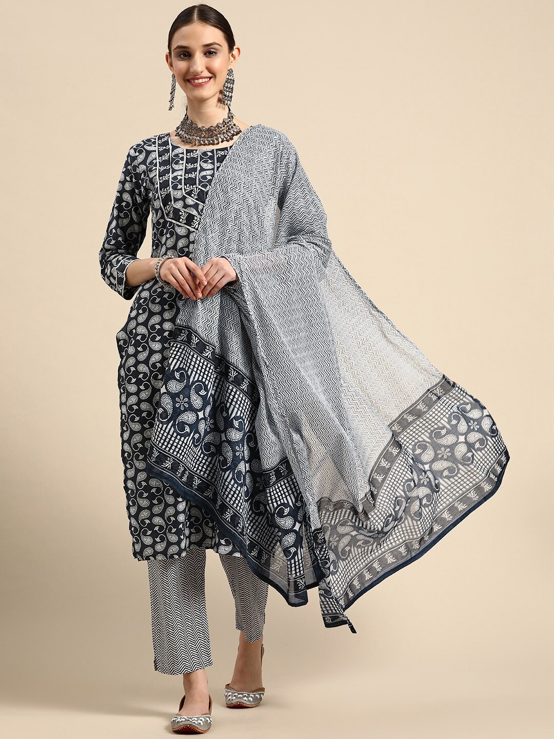 Sangria Floral Printed Pure Cotton Straight Kurta With Trouser & Dupatta, Black