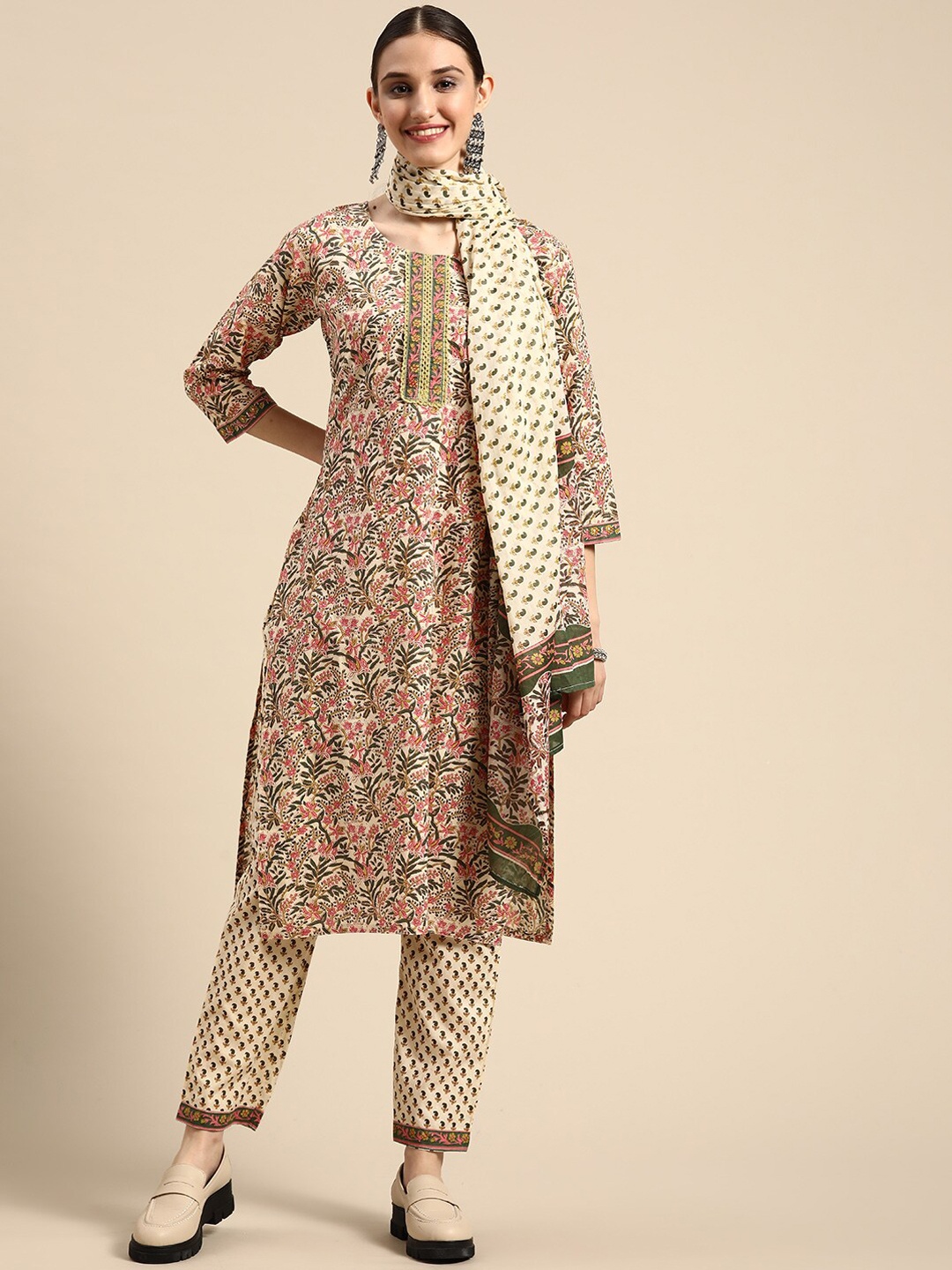 

Sangria Floral Printed Pure Cotton Straight Kurta With Trouser & Dupatta, Beige