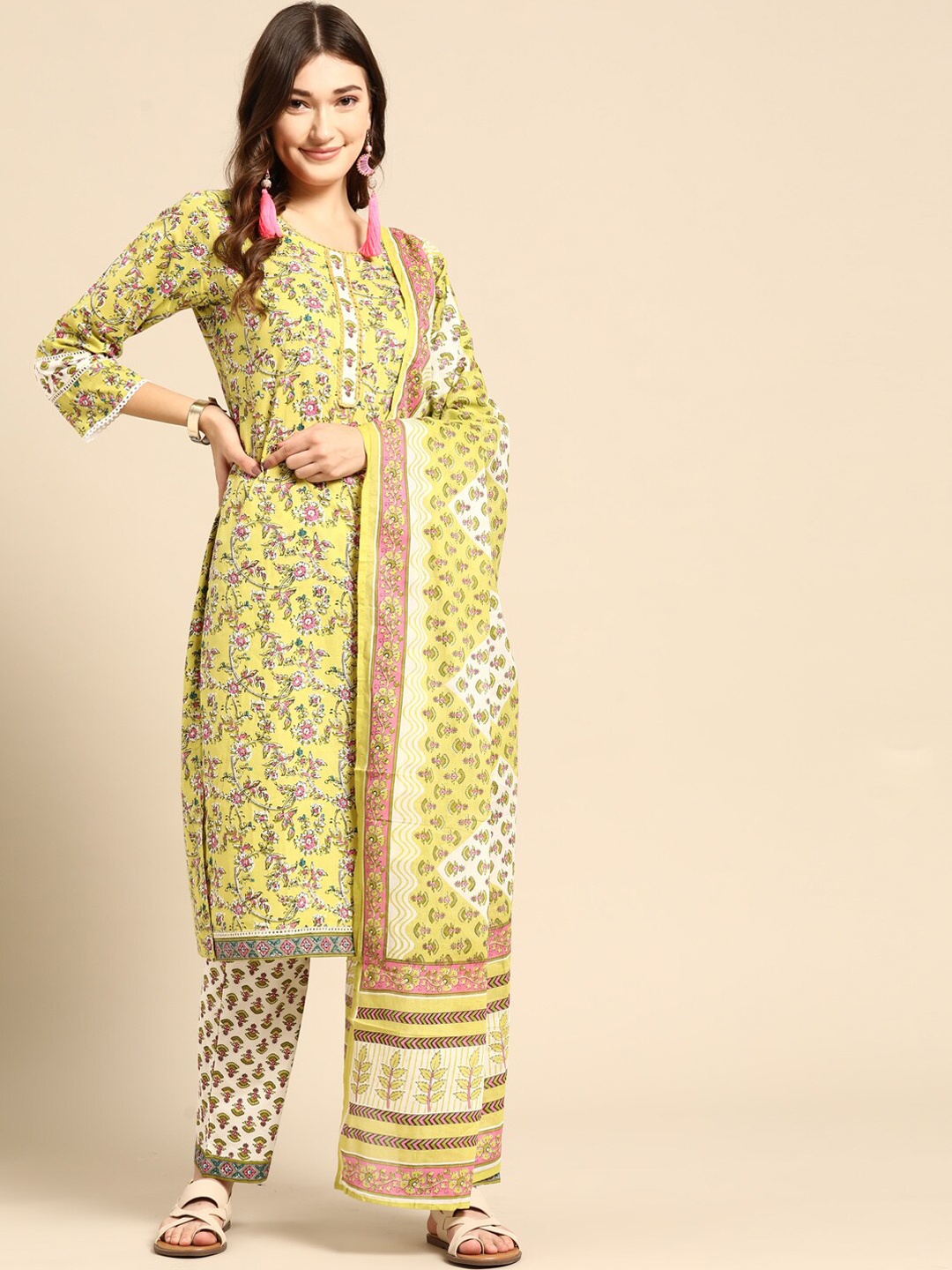

Sangria Floral Printed Pure Cotton Straight Kurta With Trouser & Dupatta, Yellow