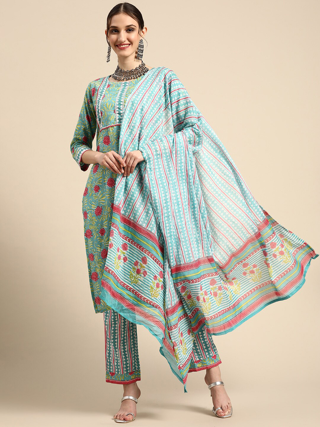 

Sangria Floral Printed Pure Cotton Straight Kurta With Trouser & Dupatta, Turquoise blue