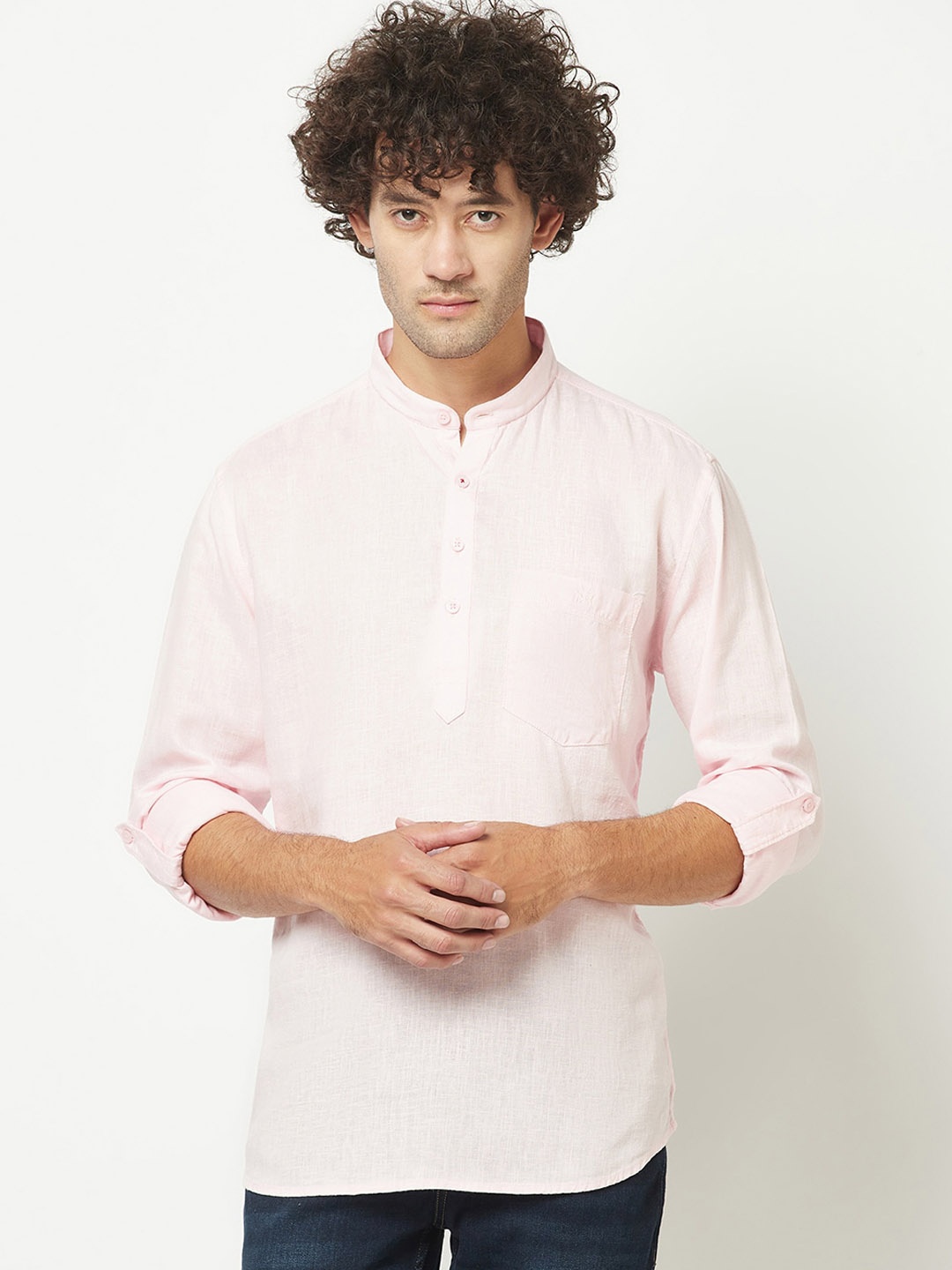 

Crimsoune Club Mandarin Collar Roll Up Sleeves Kurta, Pink