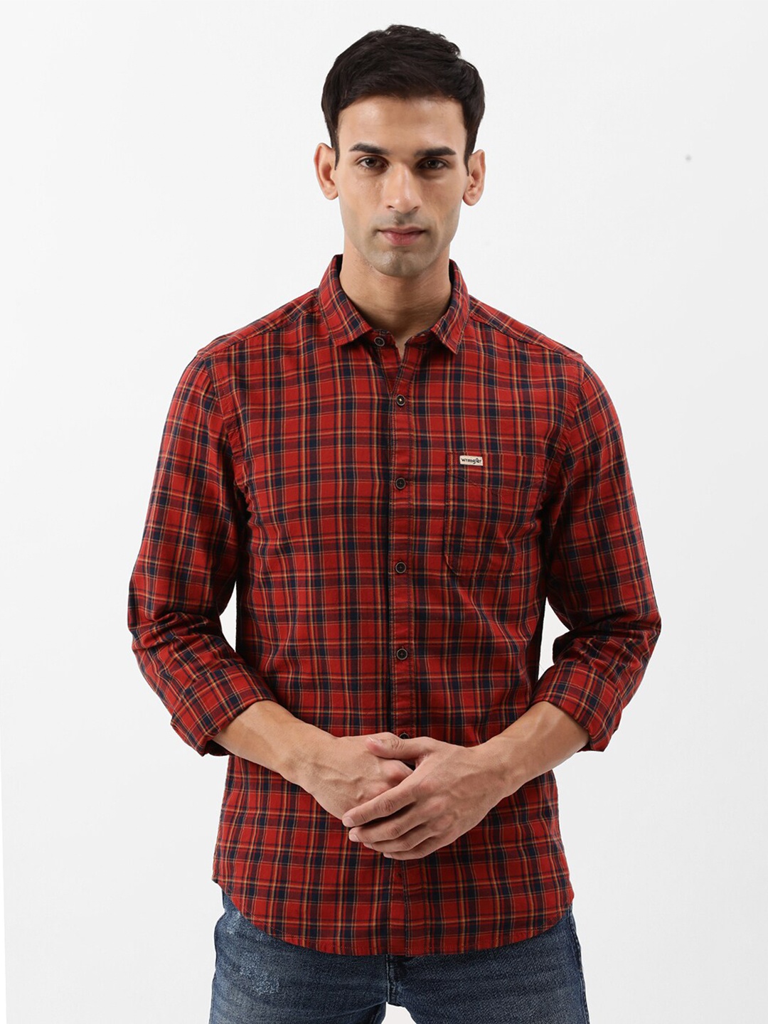 

Wrangler Spread Collar Slim Fit Tartan Checked Cotton Casual Shirt, Red