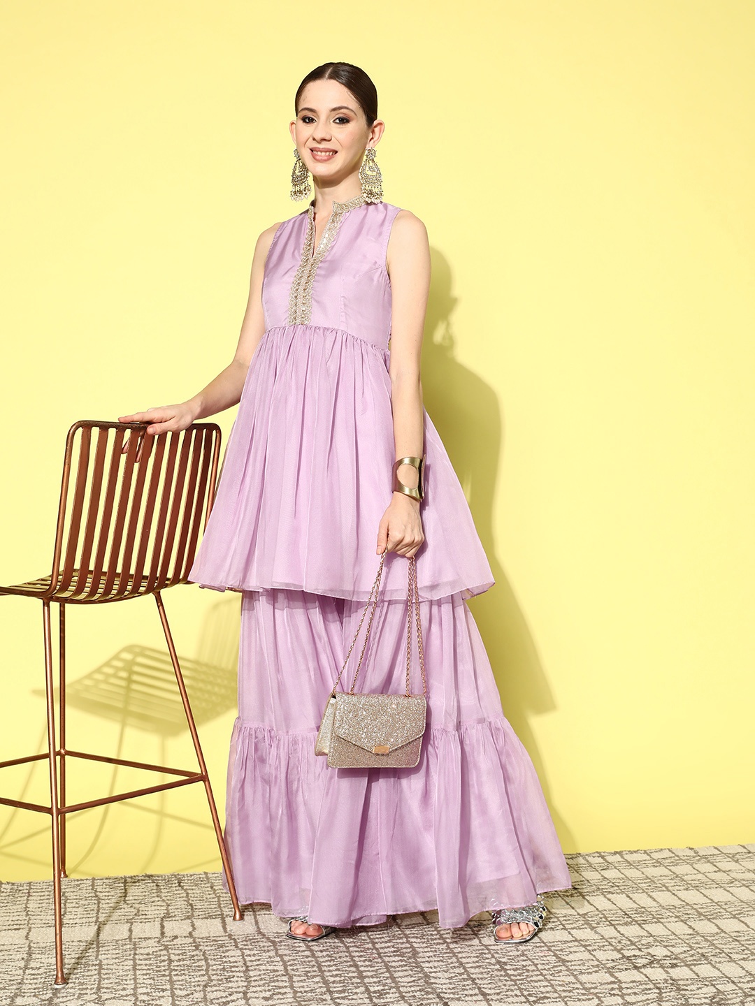 

Inddus Yoke Design Pleated Kurta with Sharara, Purple