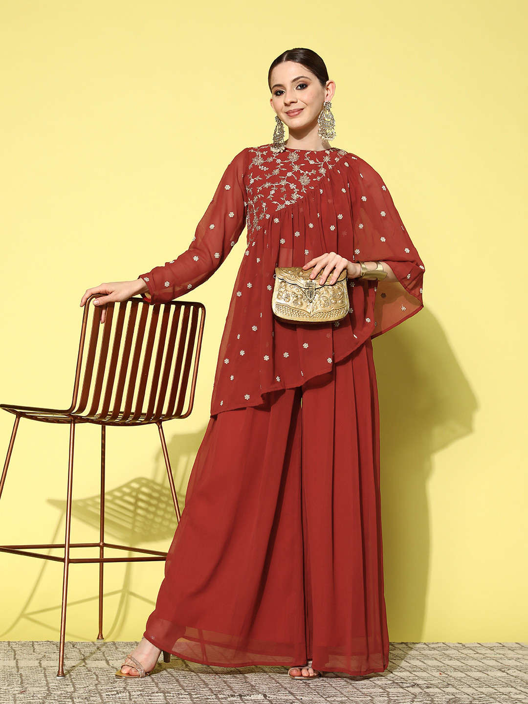 

Inddus Zari Embroidered Georgette Top with Palazzos, Rust