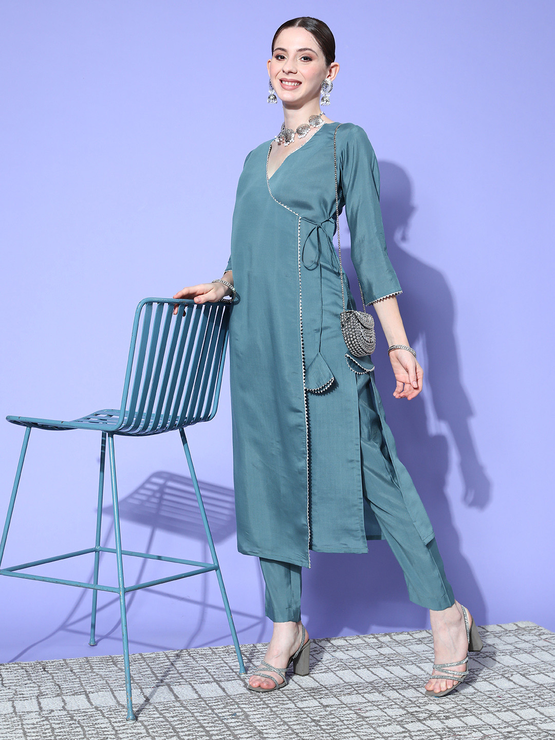 

Inddus Women Angrakha Gotta Patti Chanderi Cotton Kurta with Trousers, Green