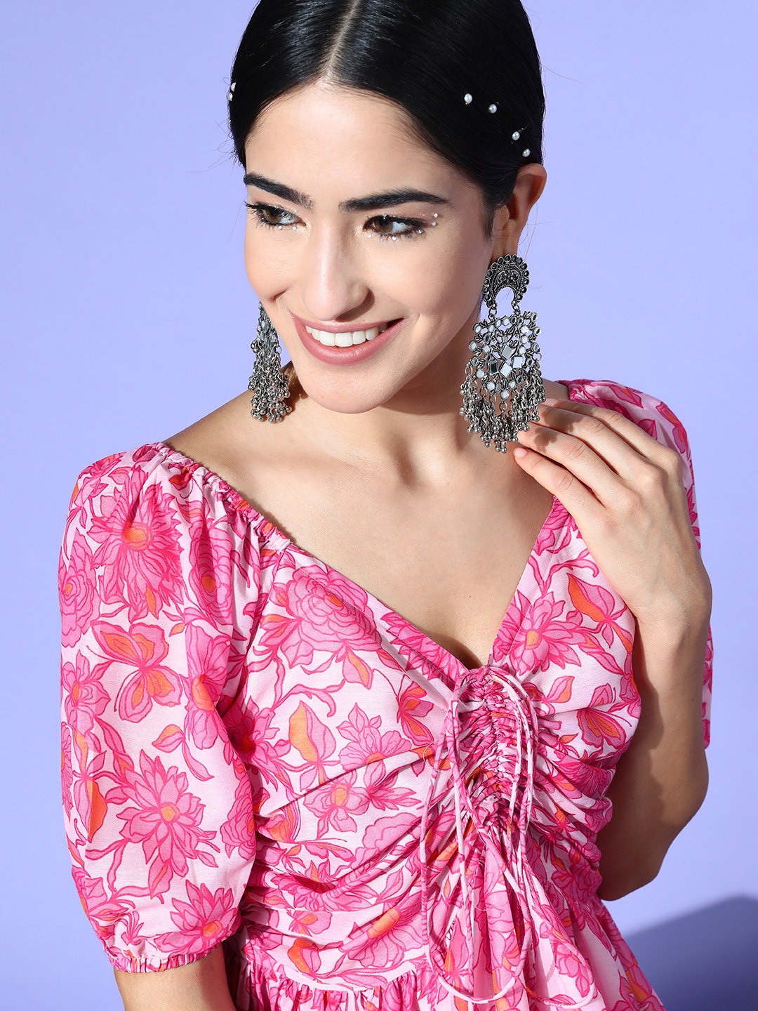 

Induss Kalamkari Printed Tie-Up Midi Dress, Pink