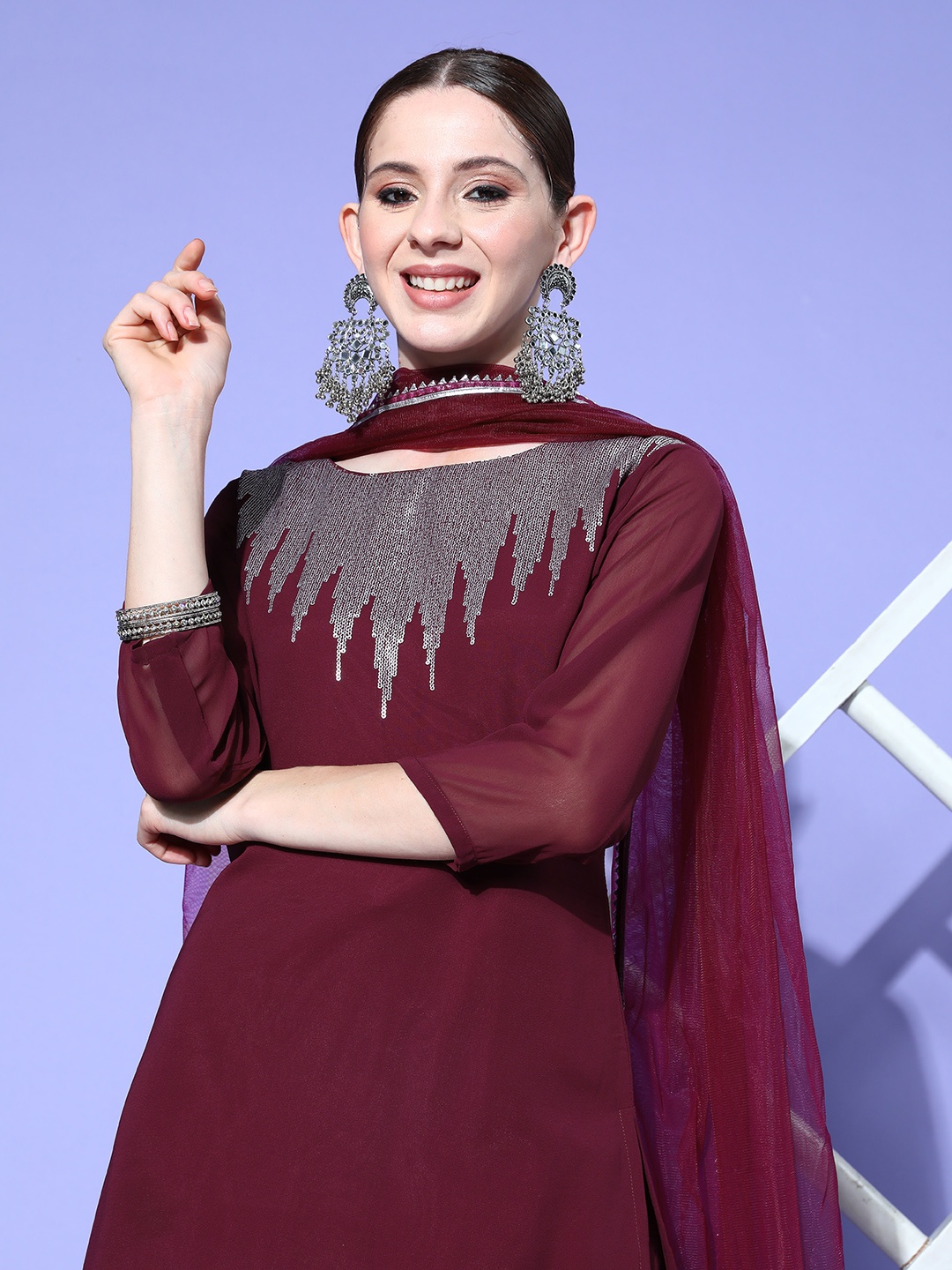 

Inddus Women Maroon Embroidered Regular Sequinned Kurta with Sharara & With Dupatta
