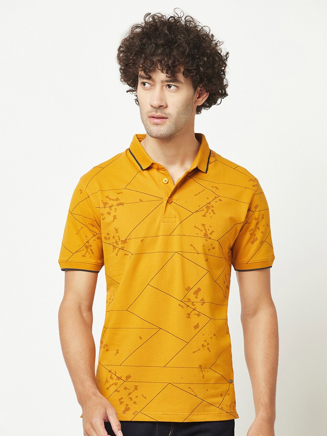 

Crimsoune Club Geometric Printed Polo Collar T-shirt, Mustard