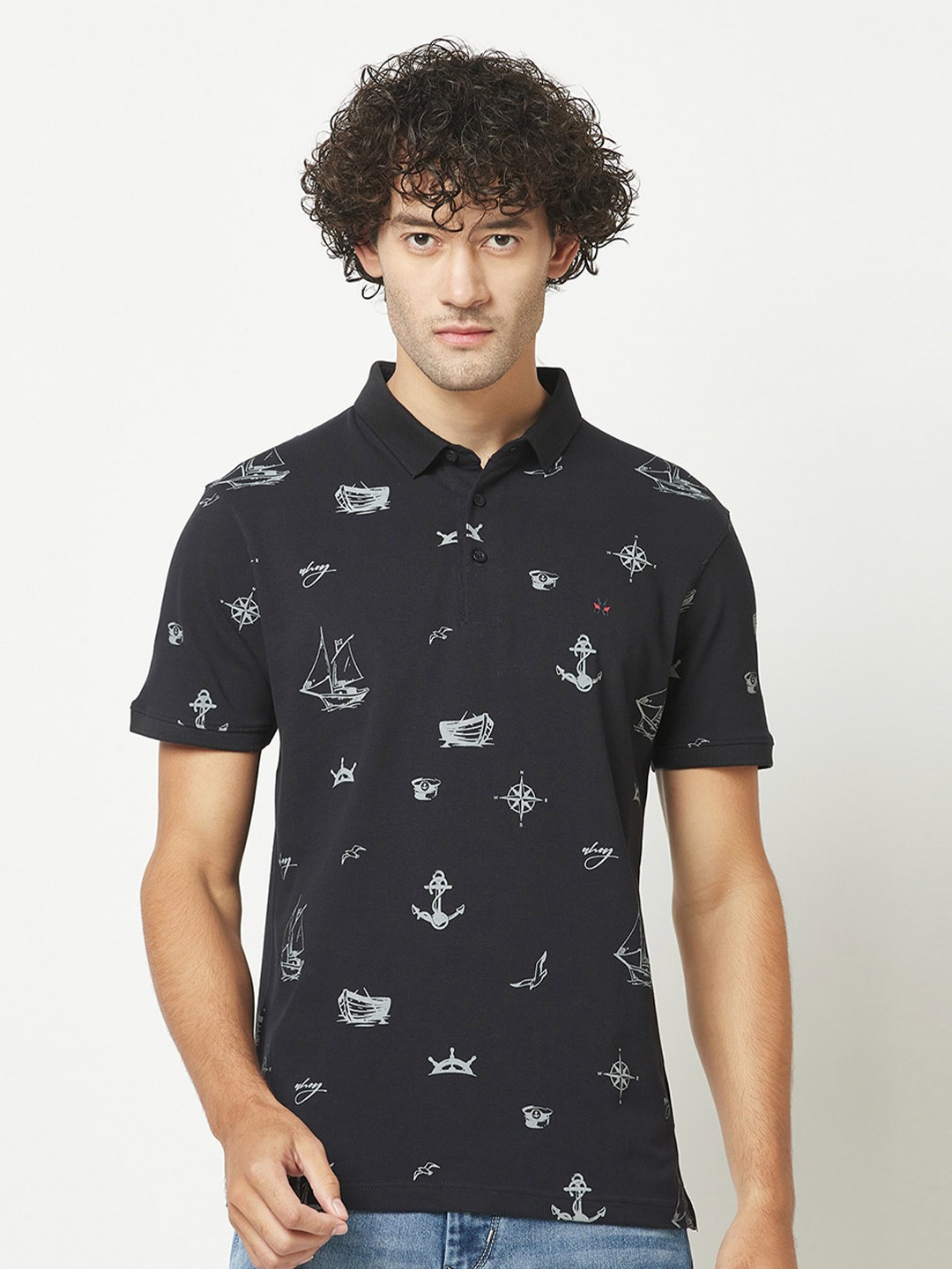 

Crimsoune Club Conversational Printed Polo Collar T-shirt, Navy blue