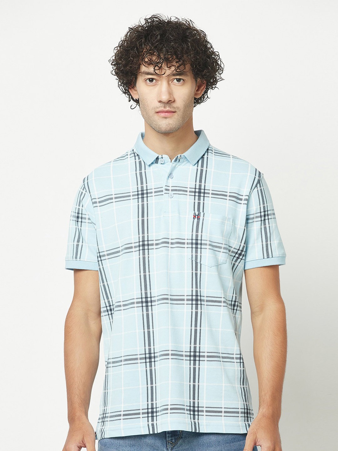 

Crimsoune Club Checked Polo Collar Pure Cotton T-shirt, Blue