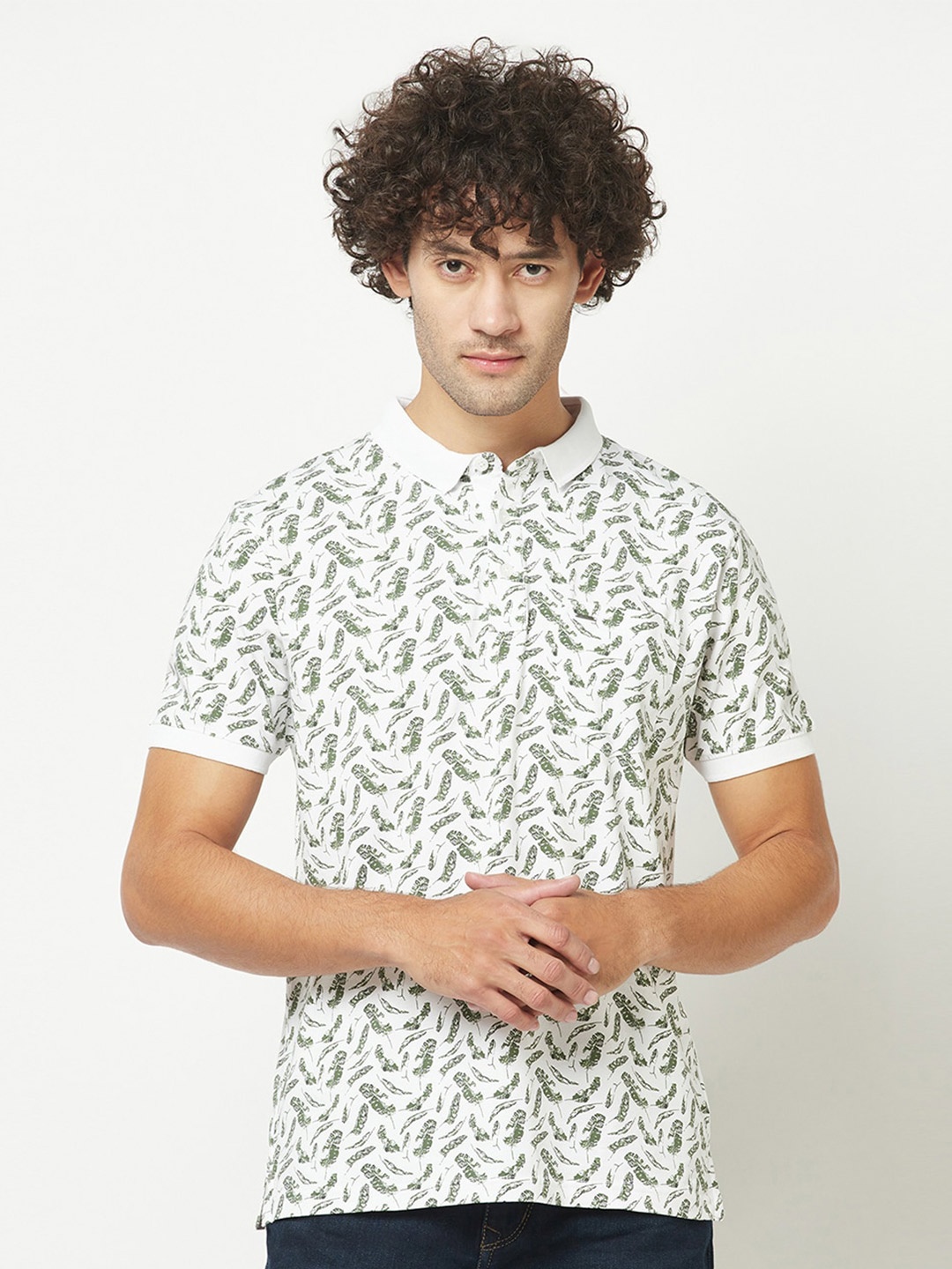 

Crimsoune Club Floral Printed Polo Collar Pure Cotton T-shirt, White