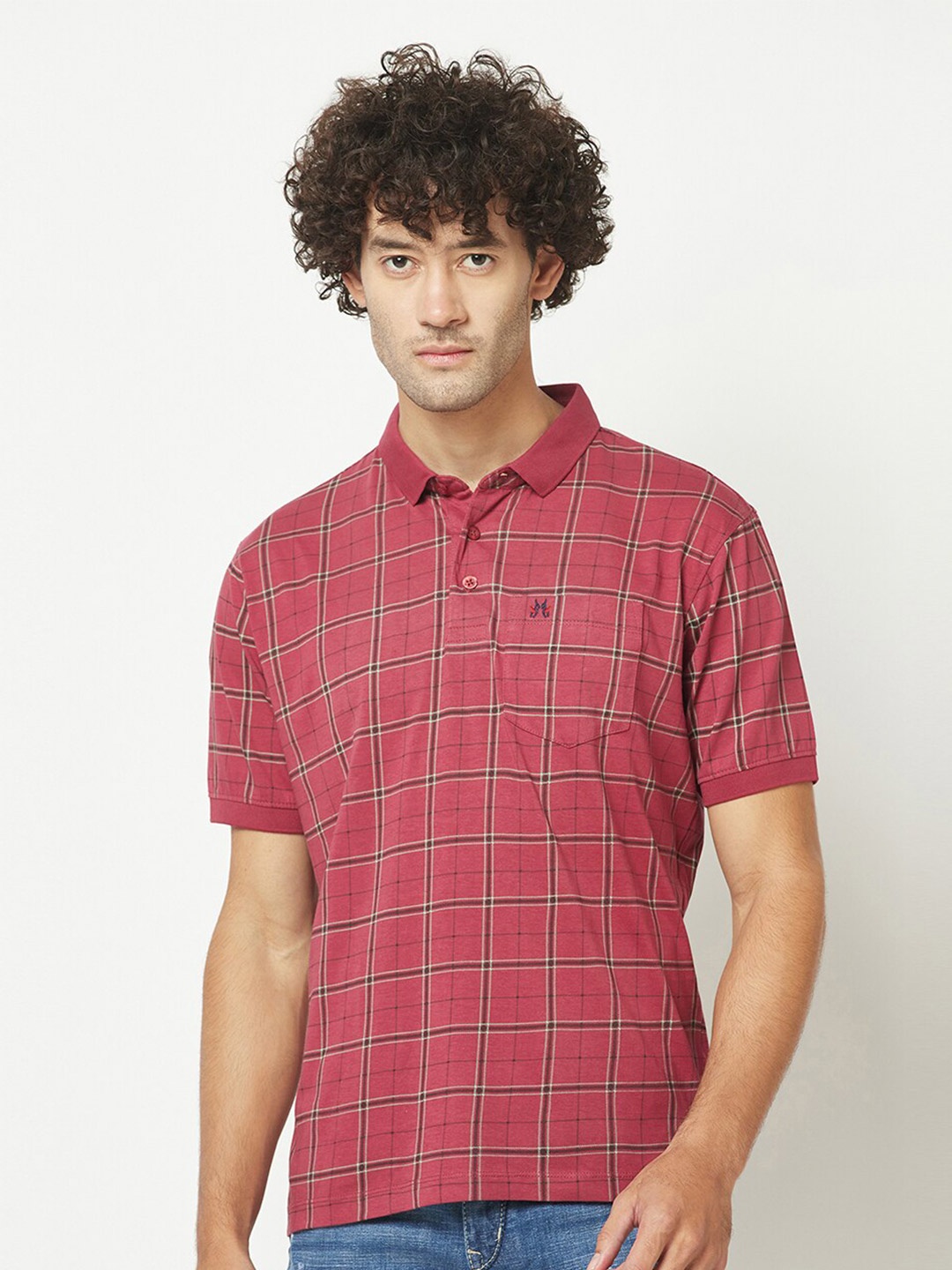 

Crimsoune Club Checked Polo Collar Pure Cotton T-shirt, Maroon