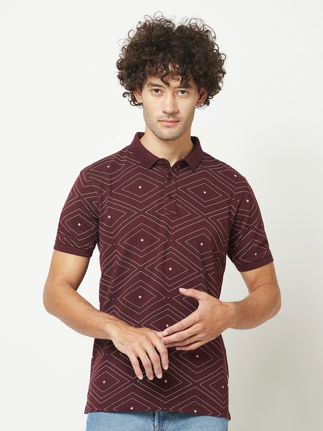 

Crimsoune Club Geometric Printed Polo Collar T-shirt, Purple