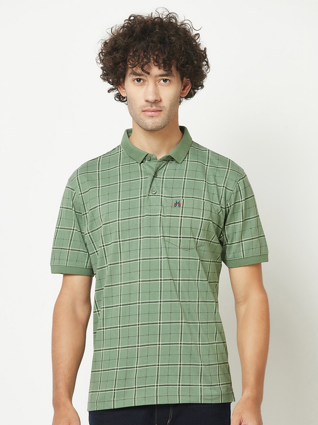 

Crimsoune Club Checked Polo Collar Pure Cotton T-shirt, Olive