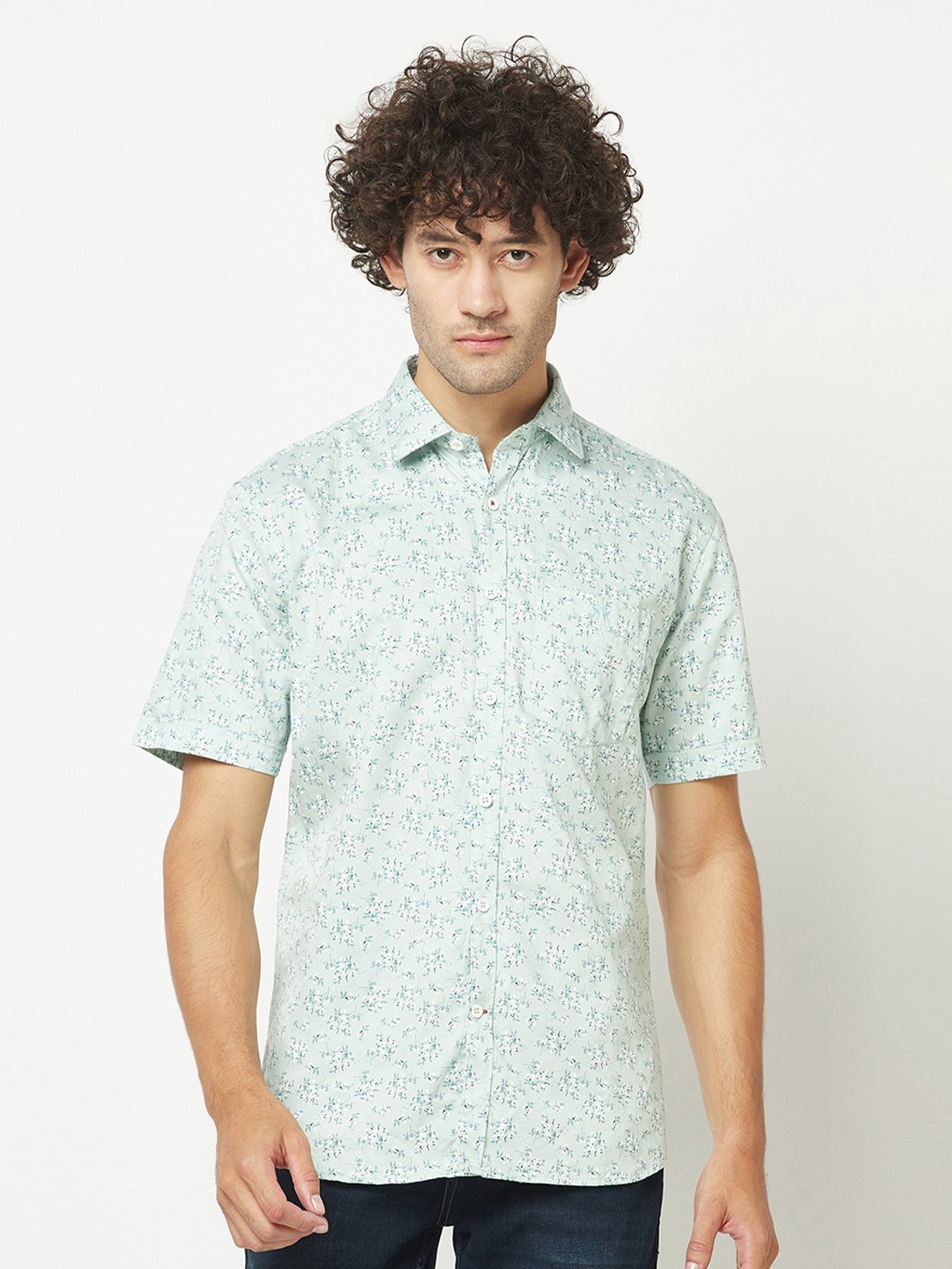 

Crimsoune Club Floral Printed Pure Cotton Slim Fit Casual Shirt, Green