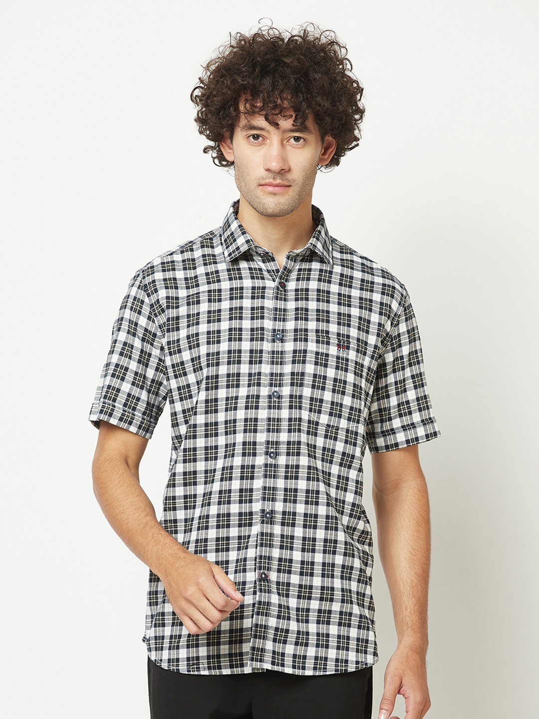 

Crimsoune Club Plus Size Tartan Checks Slim Fit Cotton Casual Shirt, White