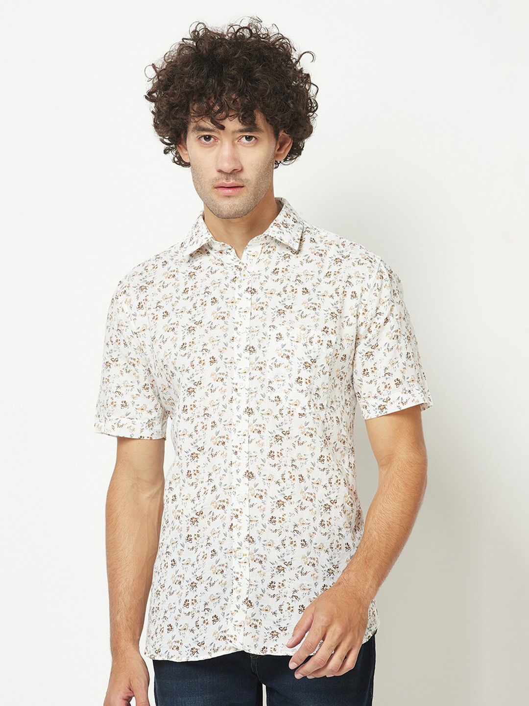 

Crimsoune Club Men Slim Fit Floral Printed Casual Cotton Linen Shirt, Brown