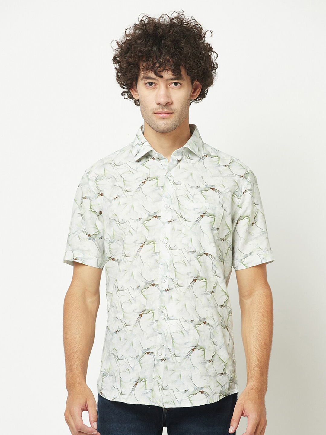 

Crimsoune Club Men Slim Fit Printed Casual Cotton Linen Shirt, White