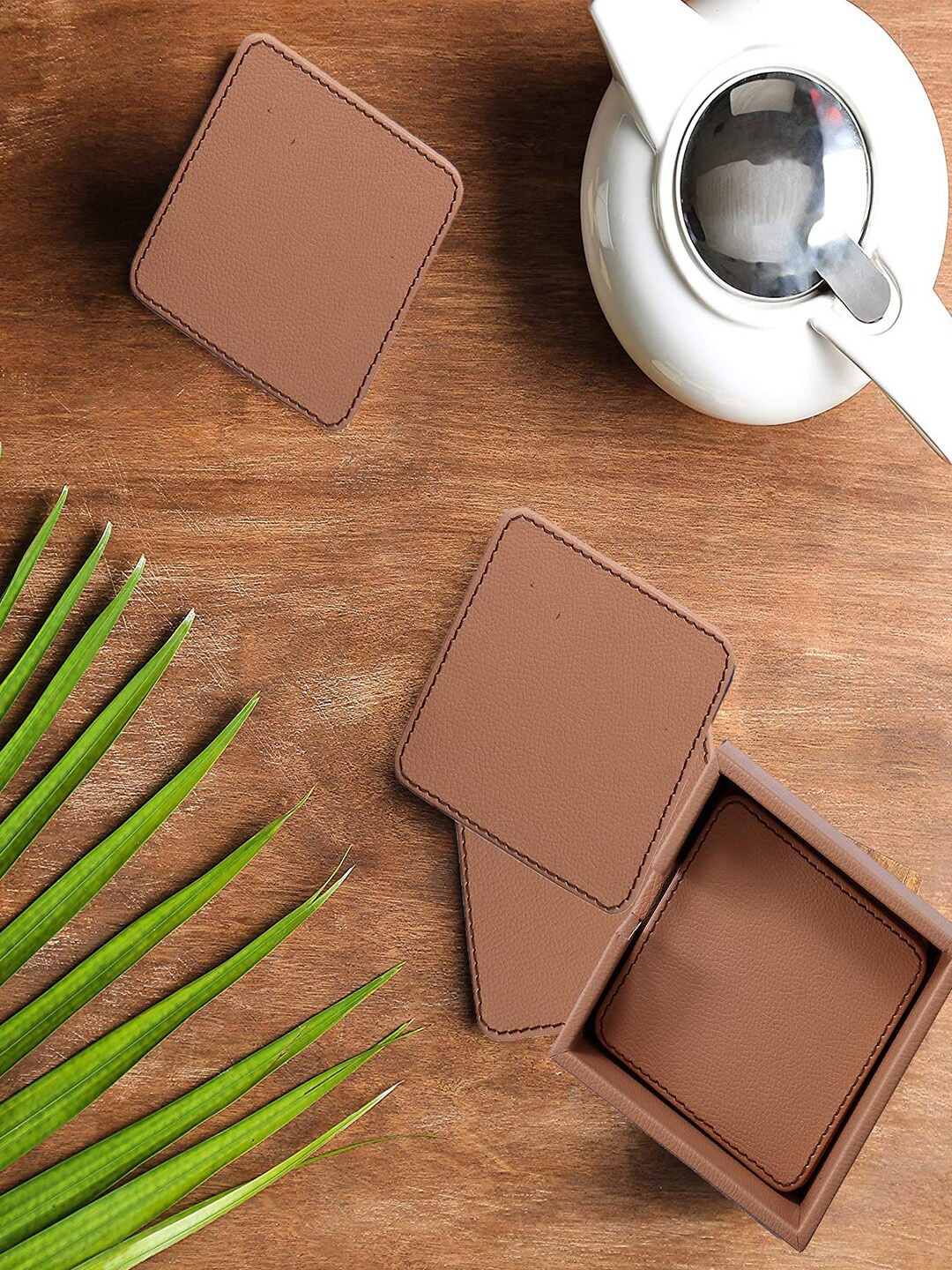 

Kuber Industries Set of 6 Leather Heat Insulation Tabletop Coasters With Stand, Brown