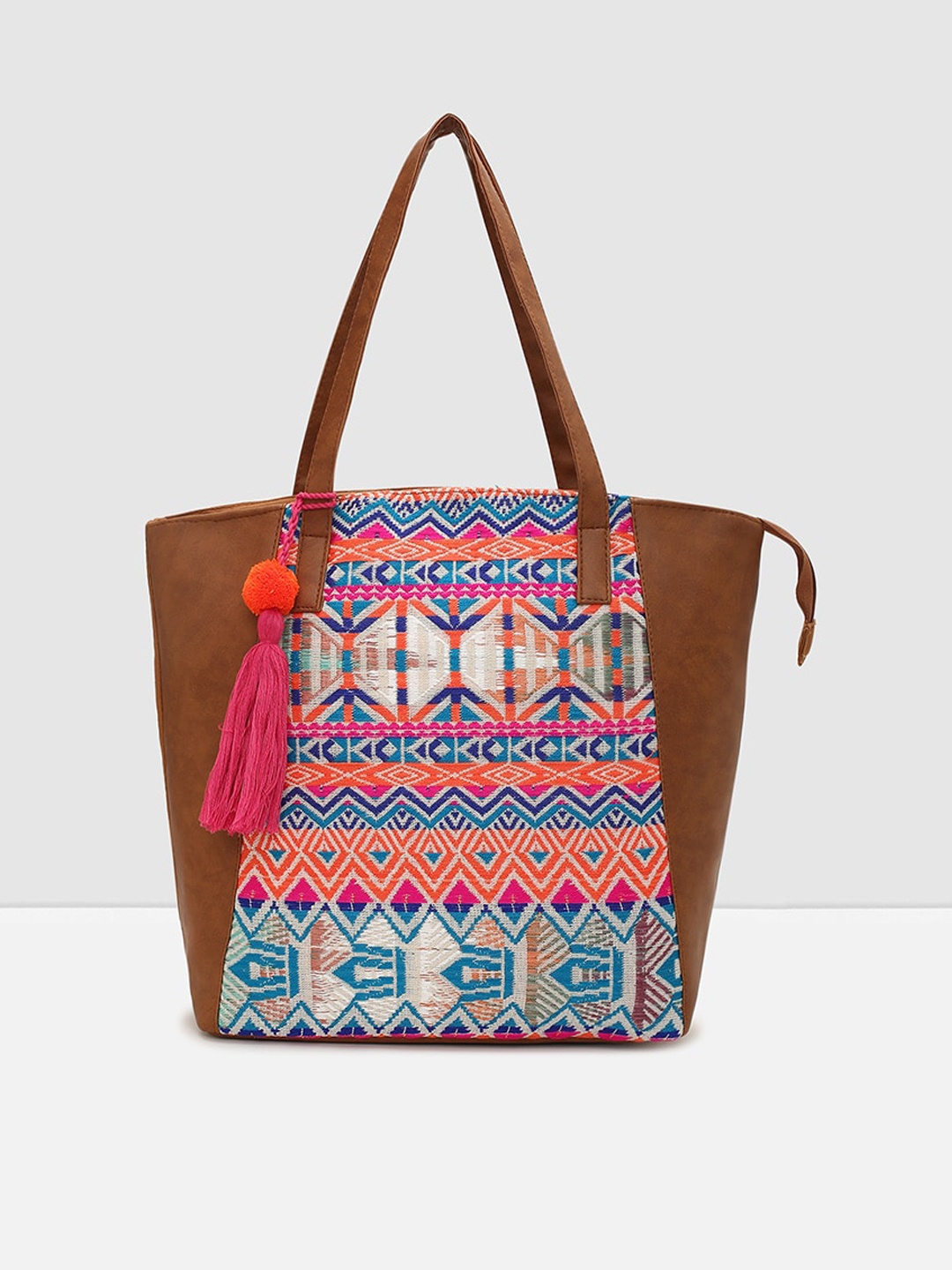 

max Ethnic Motifs Printed Tasselled Shopper Shoulder Bag, Brown