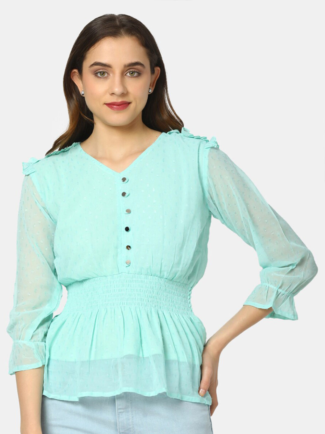 

V-Mart Self Design V-Neck Cotton Cinched Waist Top, Green