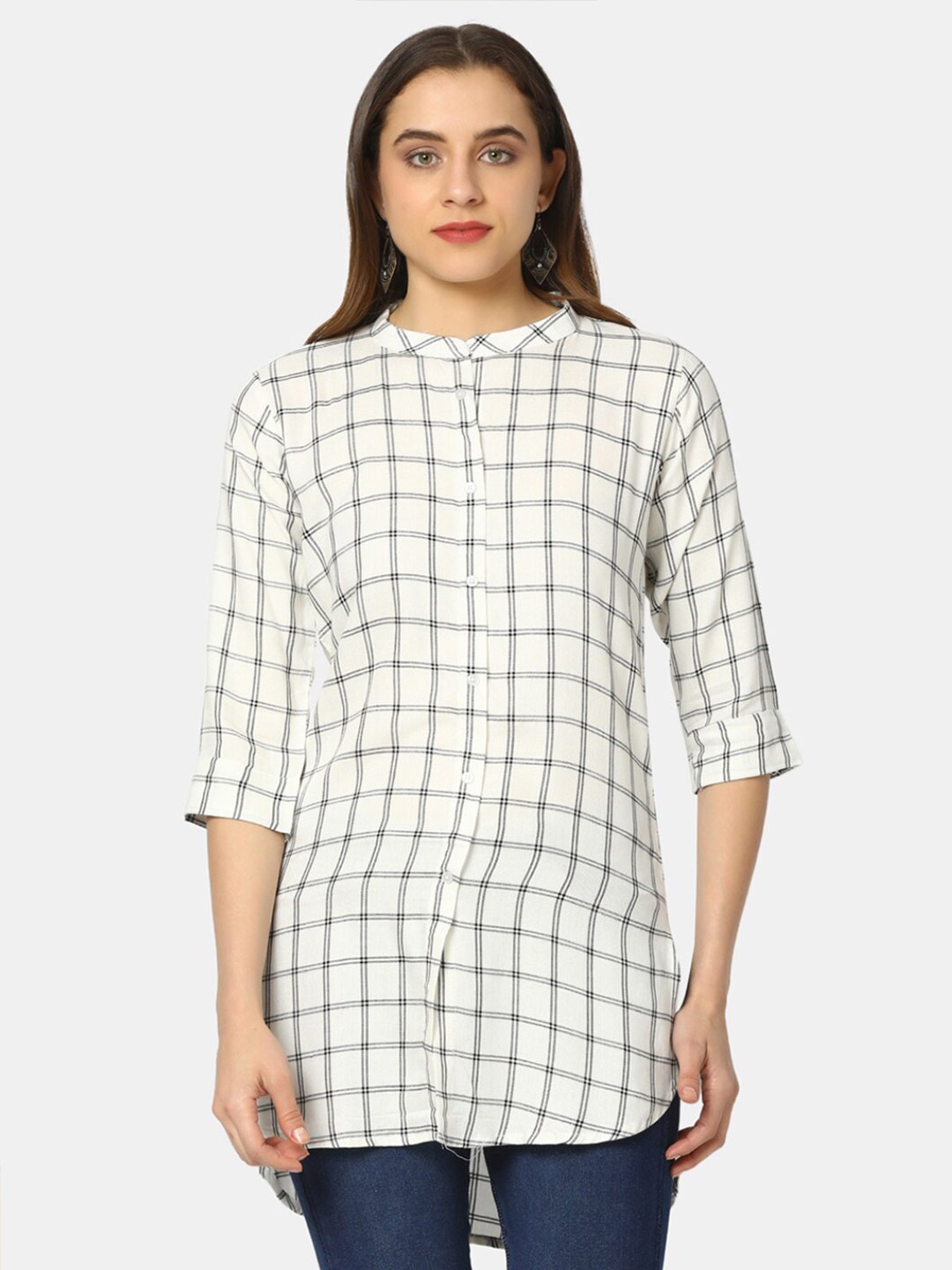 

V-Mart Checked Mandarin Collar Longline Shirt Style Top, White