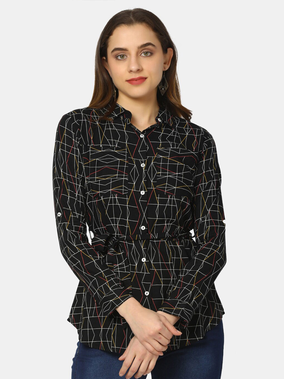 

V-Mart Geometric Printed Shirt Style Top, Black