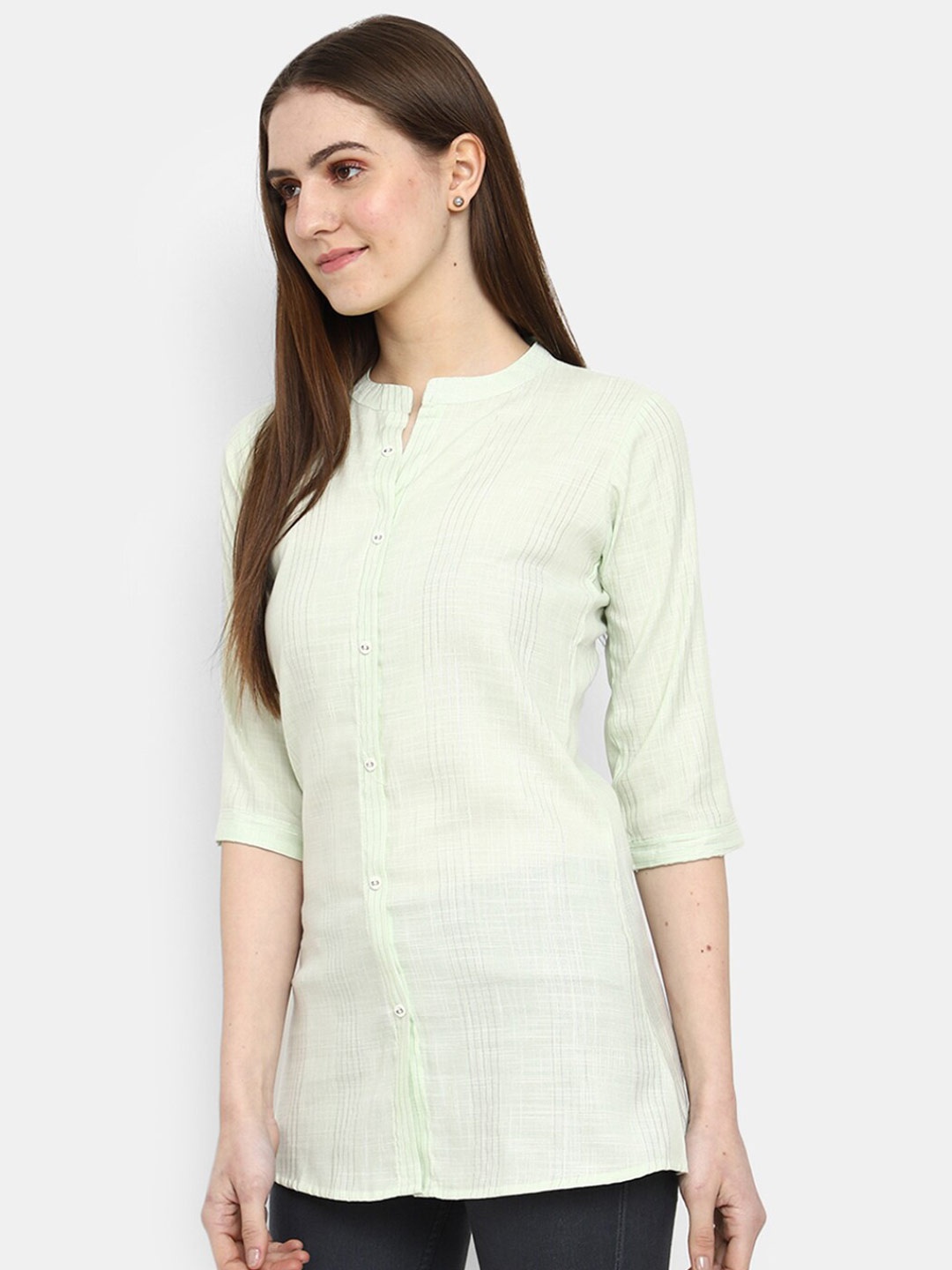 

V-Mart Band Collar Striped Top, Green