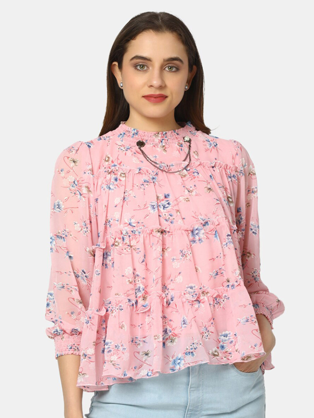 

V-Mart Pink Floral High Neck Print Top