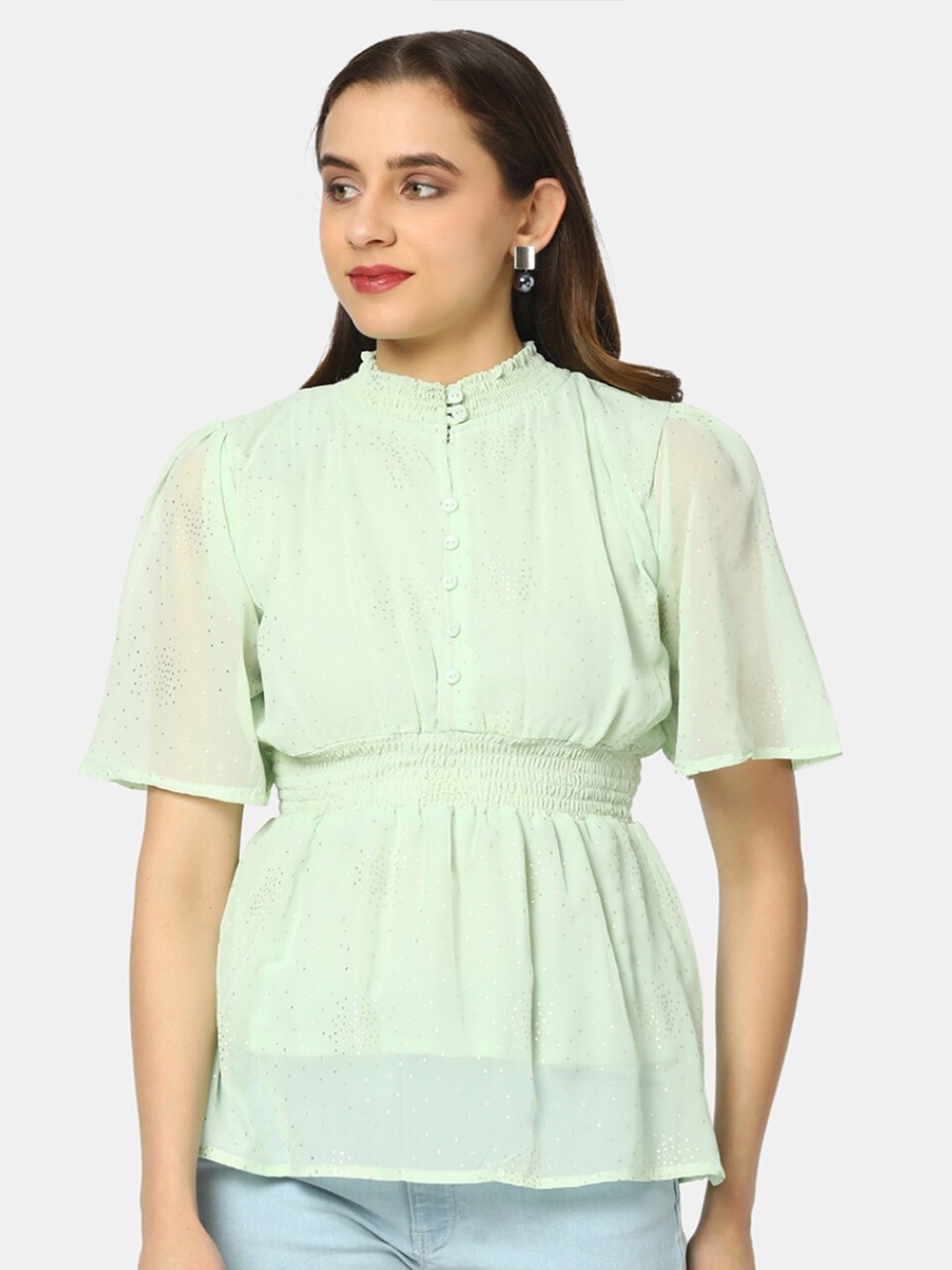 

V-Mart Mandarin Collar Cinched Waist Top, Green