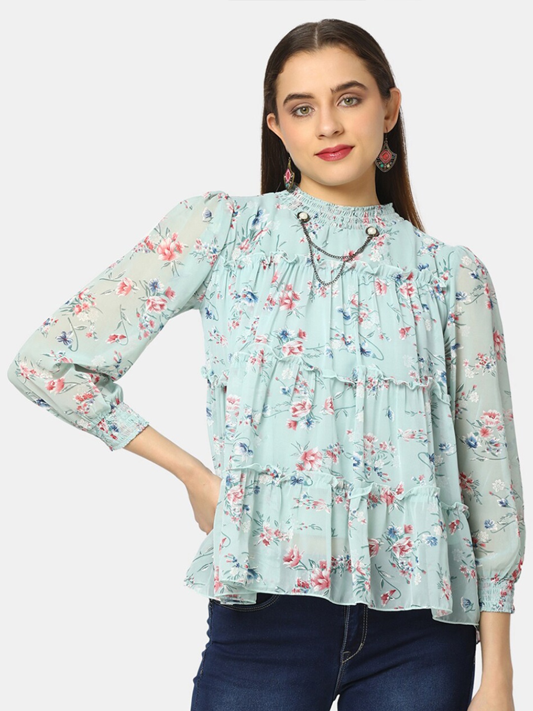 

V-Mart High Neck Floral Printed Tiered Top, Green