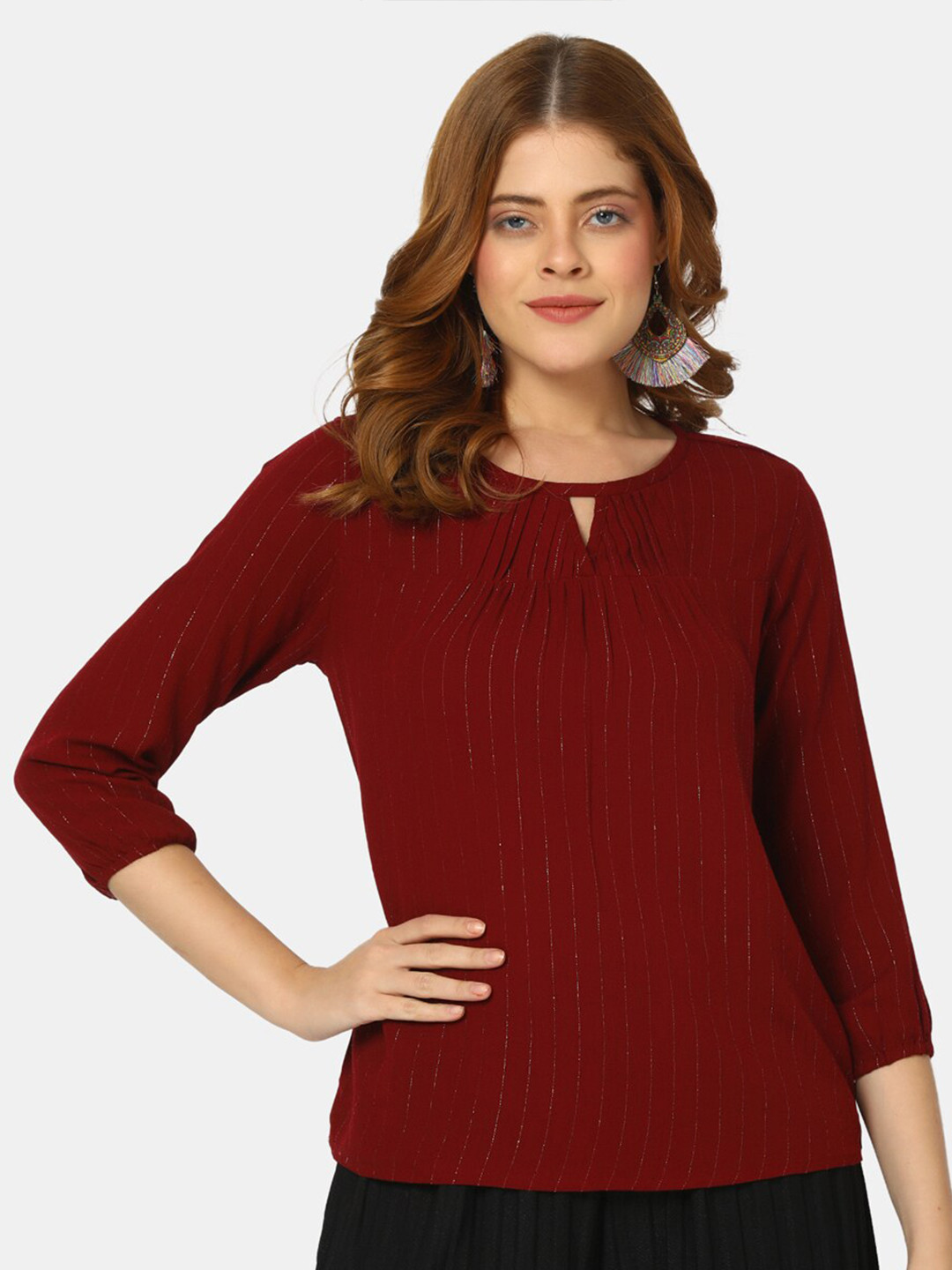 

V-Mart Striped Round Neck Pleated Regular Top, Maroon