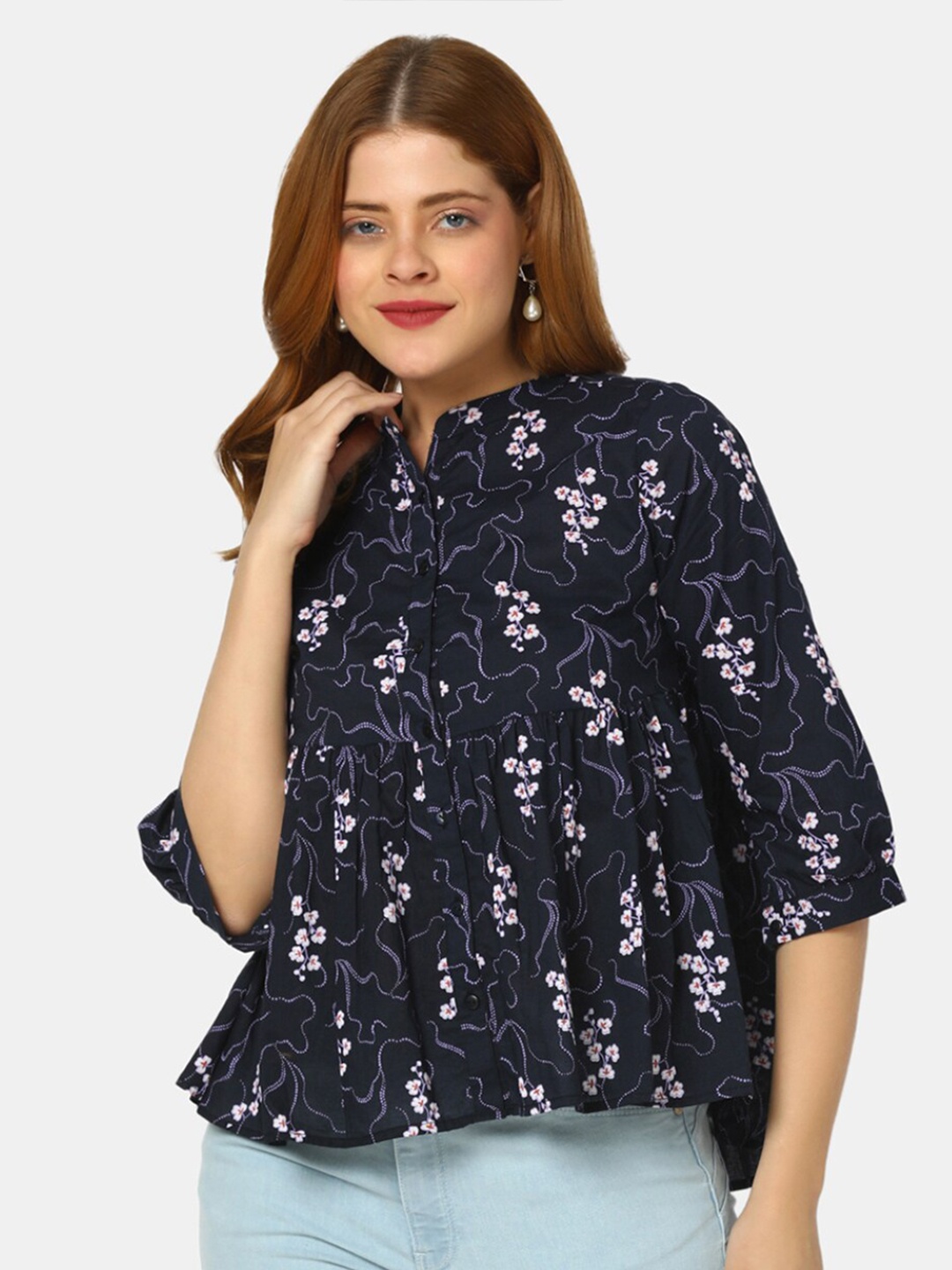 

V-Mart Floral Print Cotton Mandarin Collar Empire Top, Blue