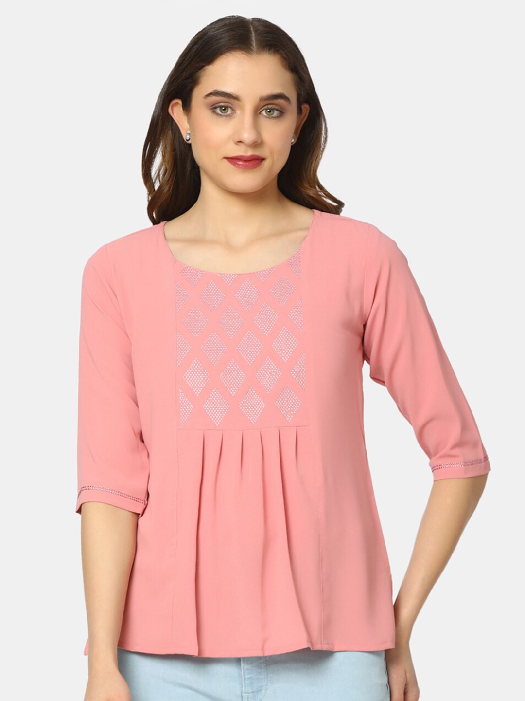 

V-Mart Embellished Pleated A-Line Top, Pink