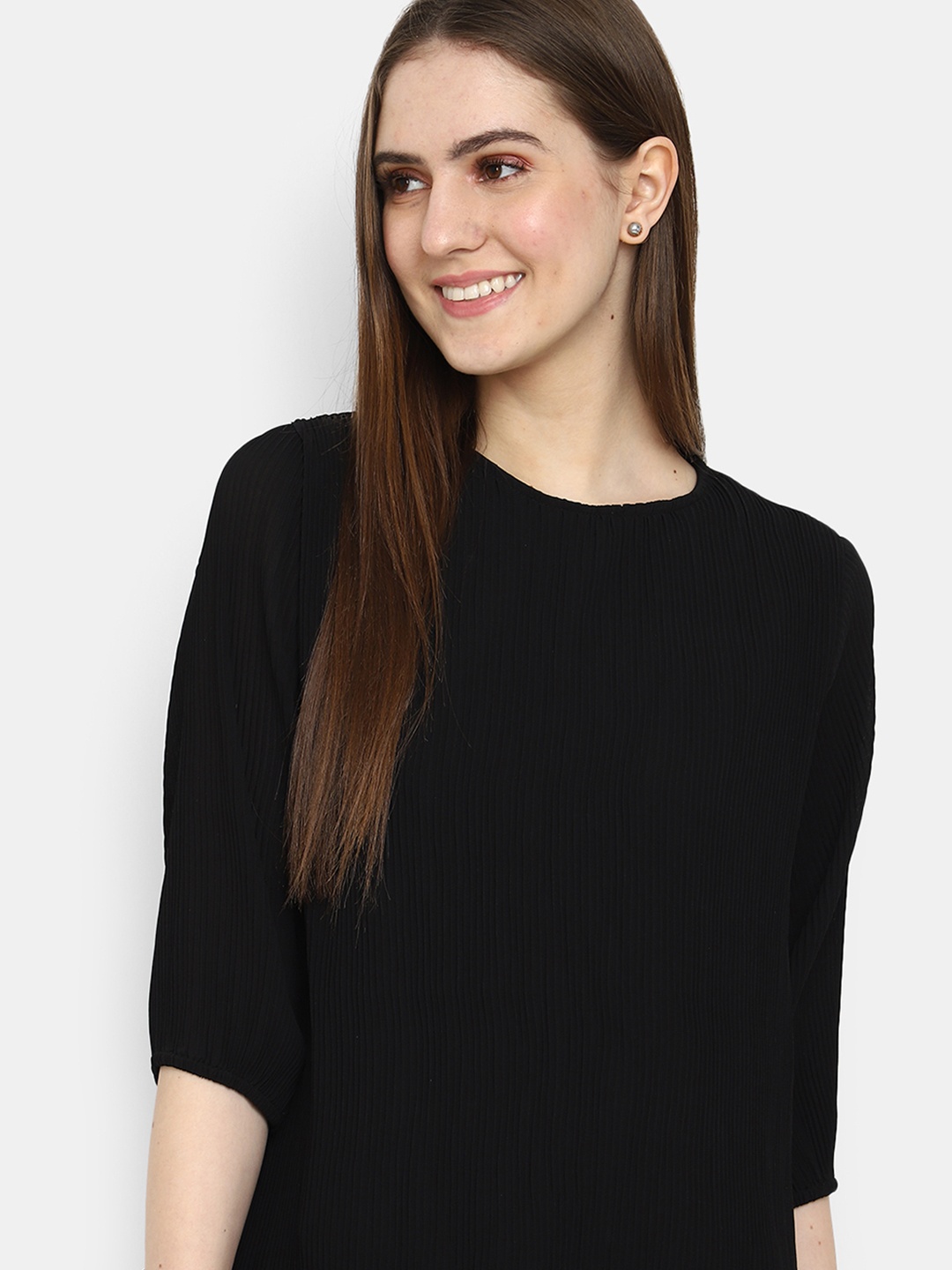 V-Mart Round Neck Accordion Pleats Regular Top, Black