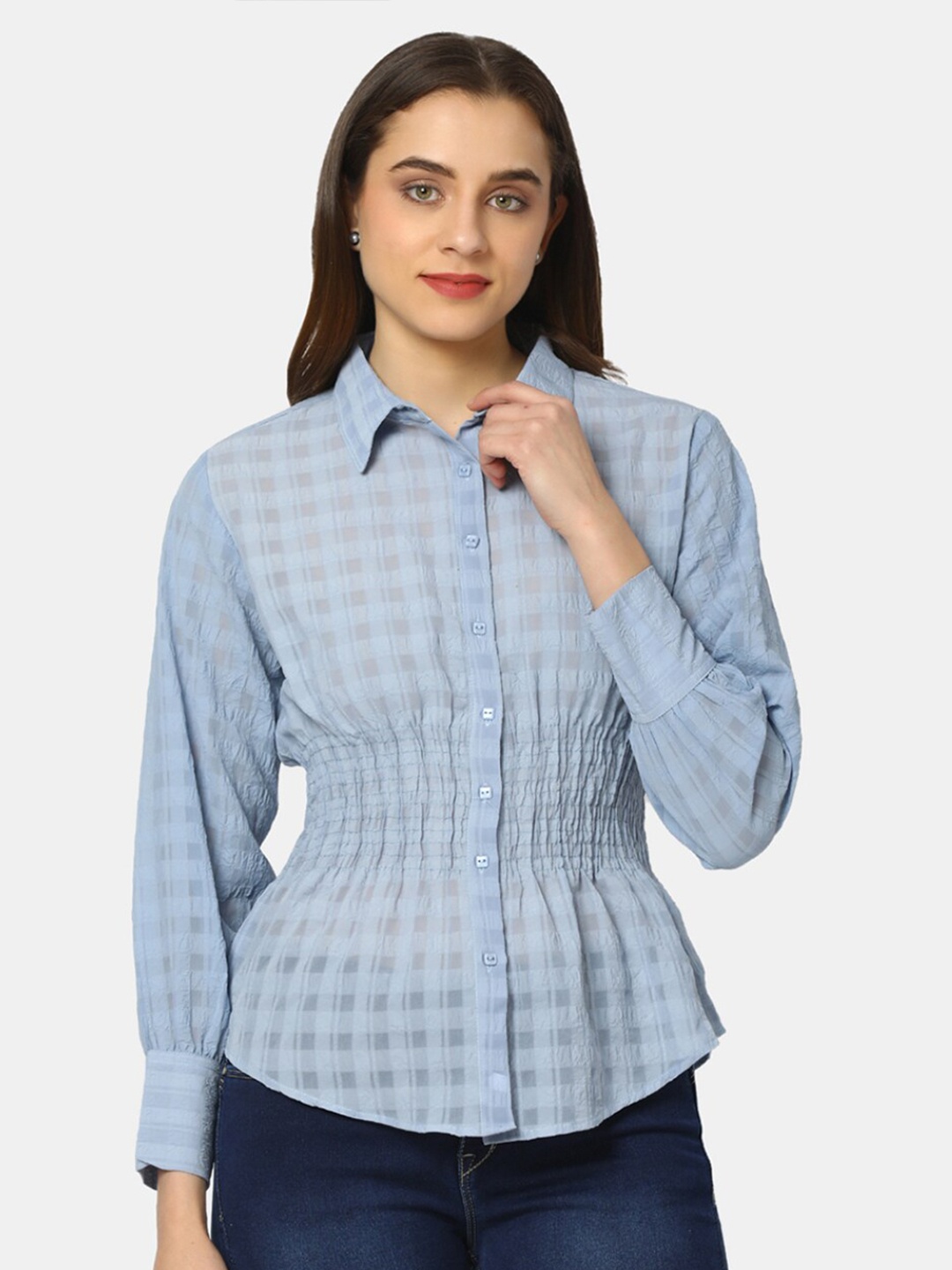 

V-Mart Checked Cotton Cinched Waist Top, Blue