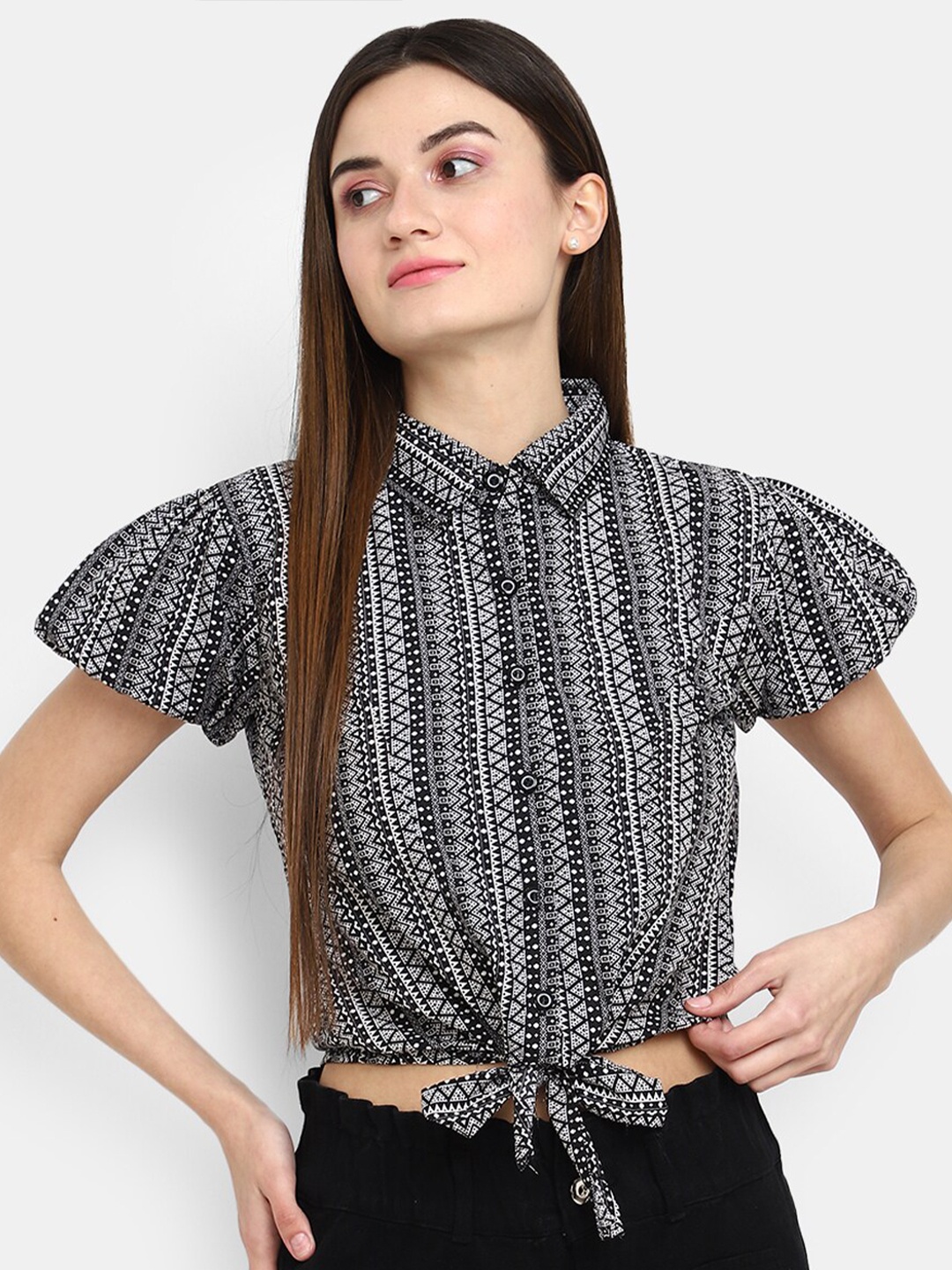 

V-Mart Geometric Printed Puff Sleeves Shirt Style Crop Top, Black