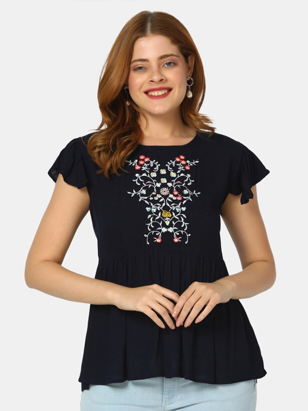 

V-Mart Floral Embroidered Flared Sleeves A-Line Top, Navy blue