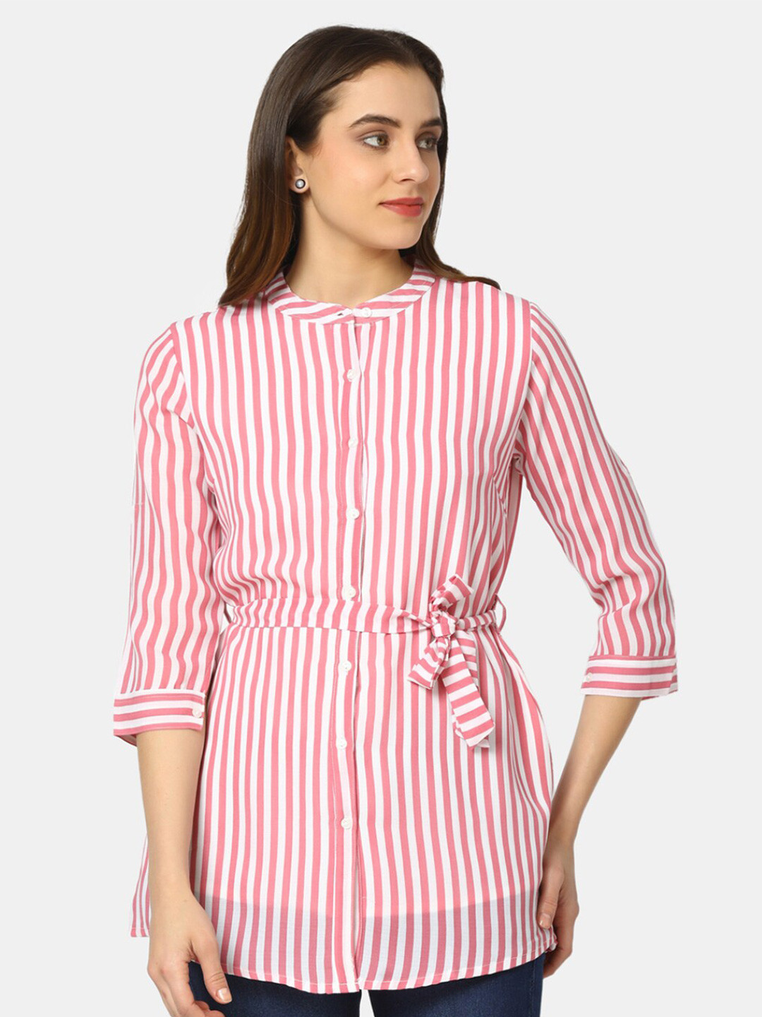

V-Mart Band Collar Tie-Up Striped Shirt Style Georgette Top, Pink