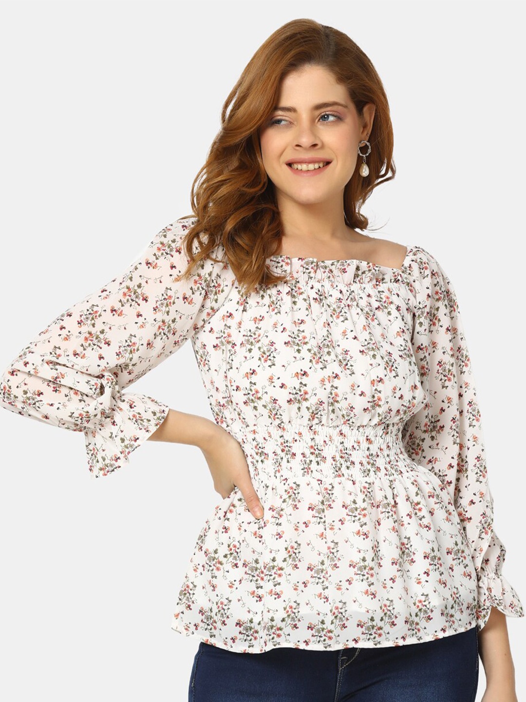 

V-Mart Square Neck Floral Printed Cinched Waist Top, White