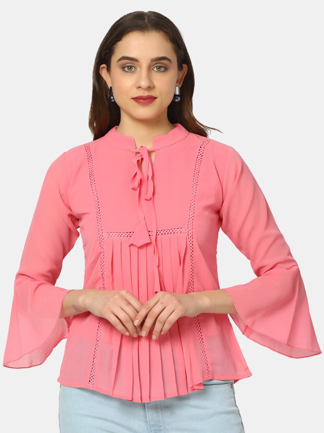 

V-Mart Tie-Up Neck Pleated Georgette Regular Top, Pink