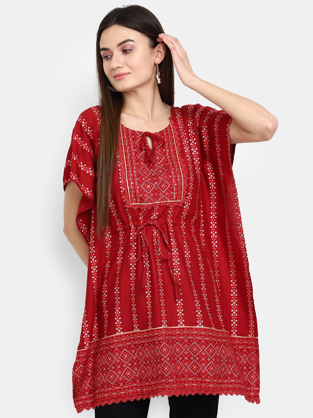 

V-Mart Tie-Up Neck Ethnic Motifs Printed Longline Kaftan Top, Red